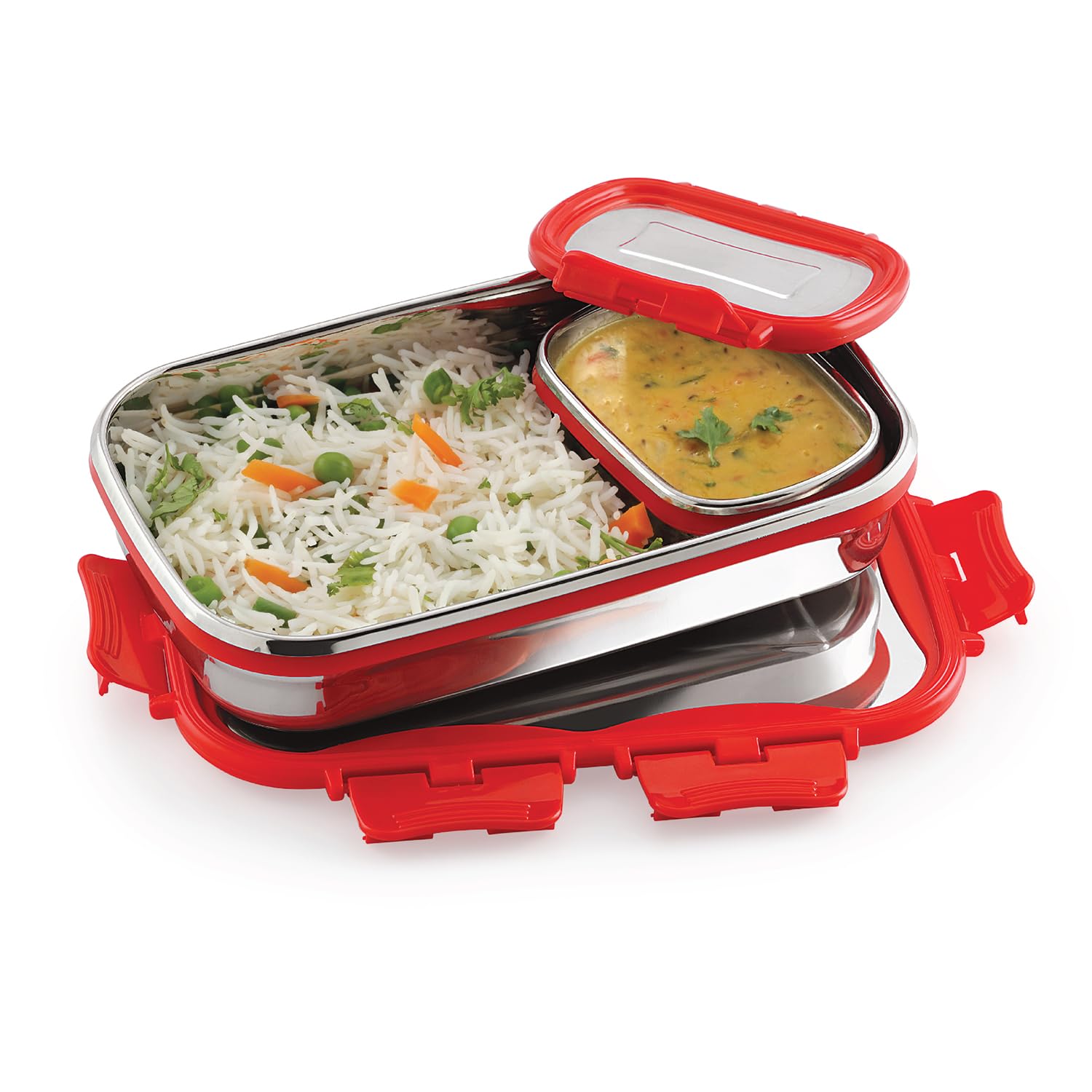 CELLO Click it Steel Insulated Lunch Box, Big, 1024ml, Red | 2 Container Tiffin for Adults | Snacks Tiffin for Kids with Veg Box | Leak-Proof & Unbreakable Lid | Ideal for Office, School, College