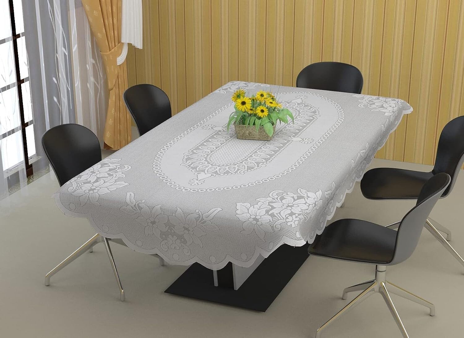 Florals 6 Seater/Table Cover (White, Oval Shape (Net Cloth), Polyester)-image-15