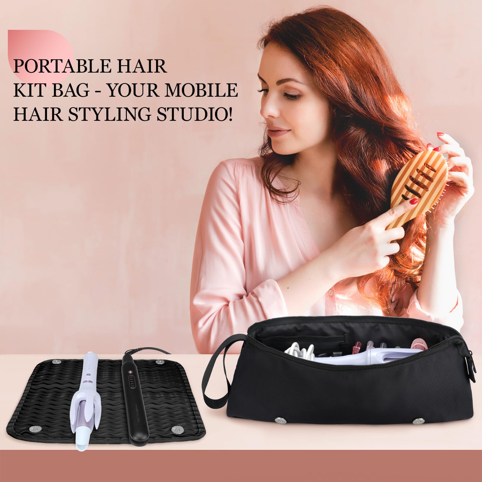 Dadanism Hairdressing Tool Kit, Hair Tools Travel Bag mit abnehmbarer hitzebeständiger Matte für Lockenstab Glätteisen, 2 in 1 Haircare Accessory Organizer, Womens Essentials Travel Organizer, Schwarz