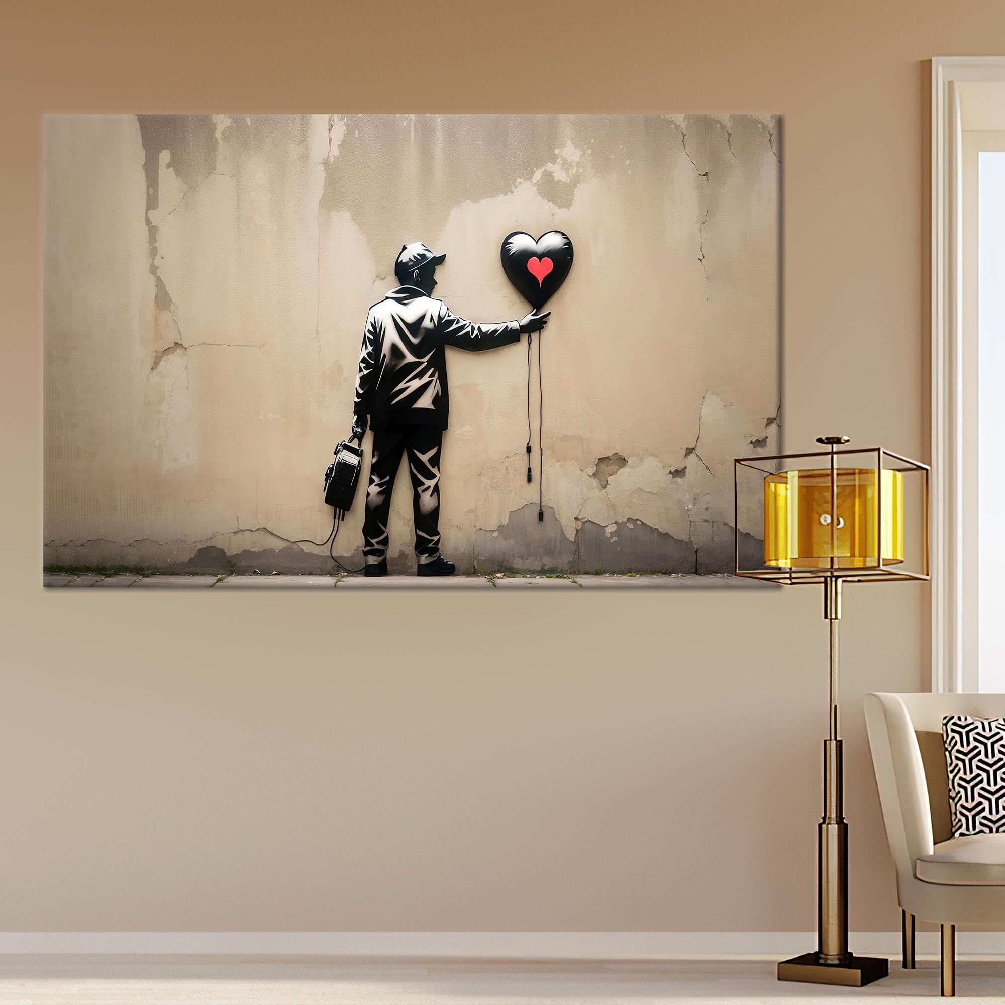 Abstrakcyjne graffiti serce plakaty i wydruki na płótnie: Banksy Street Painting Urban Style Mural Home Kid Room Dekoracja ścienna (60 x 90 cm/rama wewnętrzna)