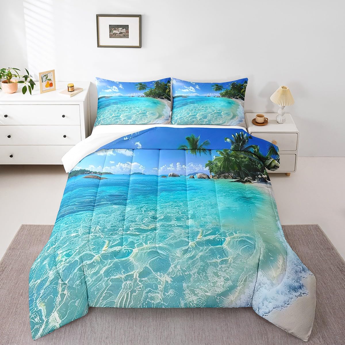 Edredón de palmeras Ocean para renovar dormitorios calurosos con diseño de playa tamaño Queen
