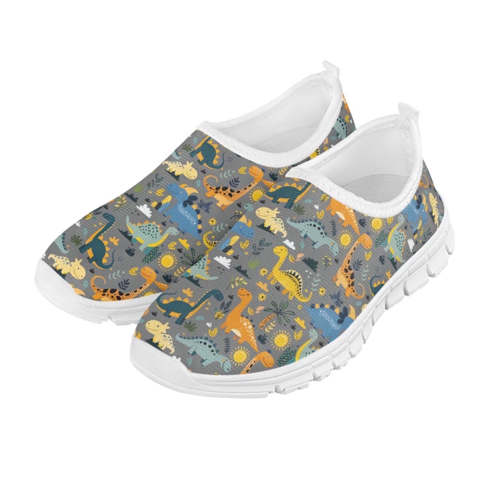 Pointodoor Dinosaur Shoes for Boys Girls Size 1 Big Kid Slip on Tennis Sneakers Comfortable Mesh Low Top Sports Shoes for Running Walking Training
