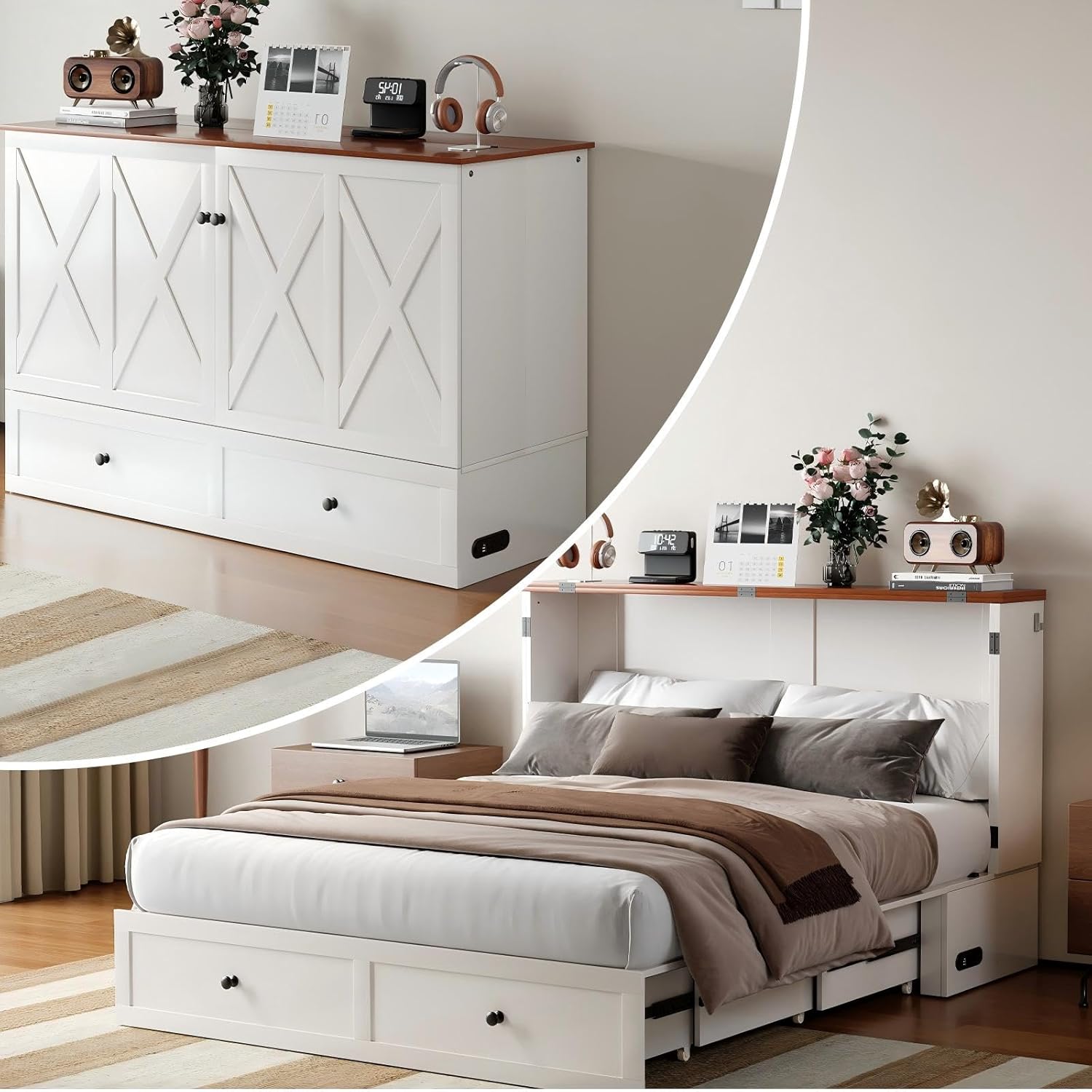 Mjkone Full Size Murphy Bed with USB Charging Station, Storage Drawers, Hidden Folding Cabinet Bed with Tri-Folding Mattress, Space Saving Wall Chest Beds for Guest Living Room Home Office, White