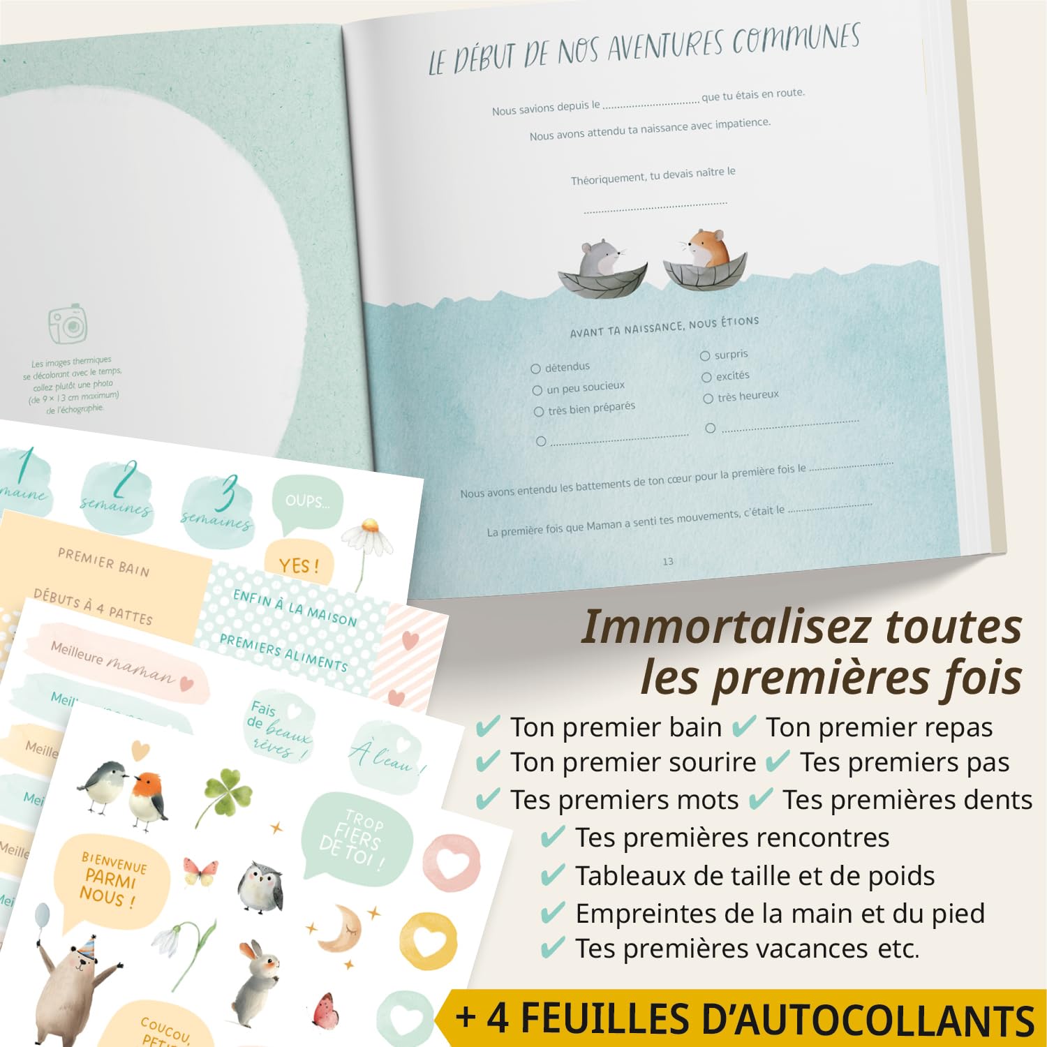 Livre de naissance I Ma première année + set d’autocollants I Album photo bébé PREMIUM avec lettrage or I 176 pages I Cadeau de naissance pour fille et garçon I Cadeau spécial bébé (Lin)
