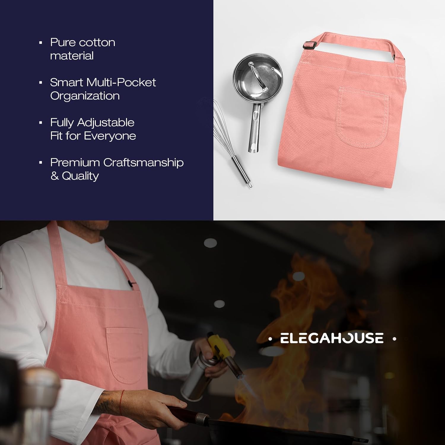 Unisex Apron with Pockets for Cooking, Salon & Art - 100% Cotton Adult Kitchen, Chef, Stylist Apron (Pink) - Image 5