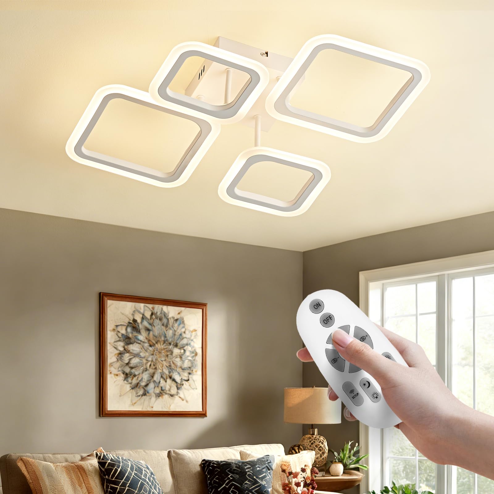 OKELI Lampade da Soffitto LED Moderne, Dimmerabili, in Acrilico con 4 Anelli Quadrati e Telecomando, Lampade da Soffitto Bianche da 24 W Ideali per Camera da Letto, Soggiorno e Sala da Pranzo.