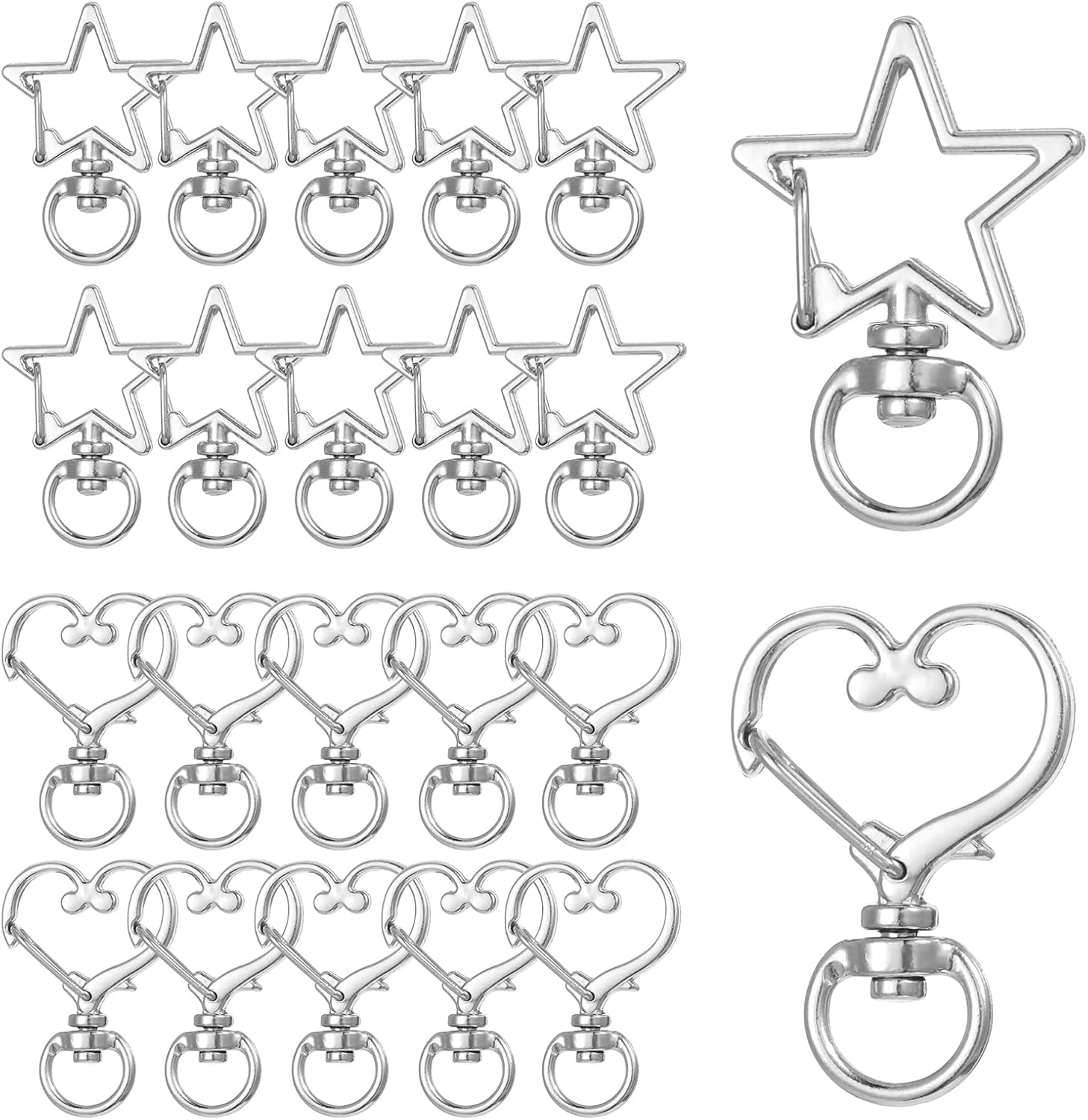 Star Keychain Clasp Heart Keychain Clip, 20Pcs Silver Swivel Lobster Clasp Alloy Spring Snap Clips Swivel Snap Hook Keychains for Handmade Keychains Making DIY Craft