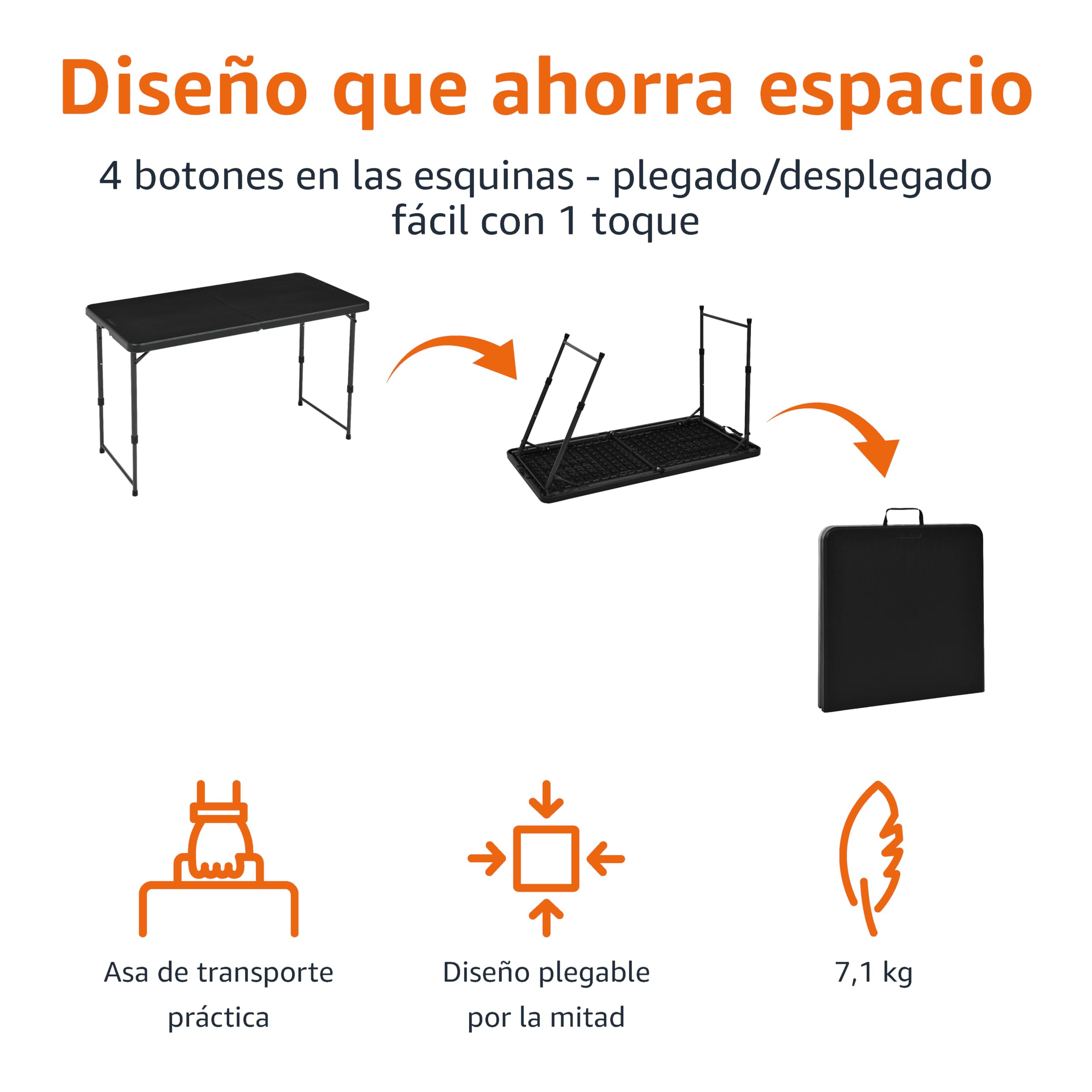 Amazon Basics Mesa Plegable Rectangular de 1.2 m, 4 ajustes de Altura, asa de Transporte, Interiores y Exteriores, portátil, Ligera, de Viaje, Picnic, Camping, Negro Lavado, 121.4 x 60.7 x 86.1 cm