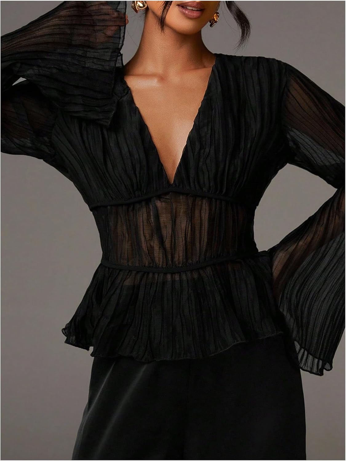 SOLY HUX Women's Mesh Long Sleeve Top Deep V Neck See Through Peplum Blouse Shirts Date Night Outfit - Image 4