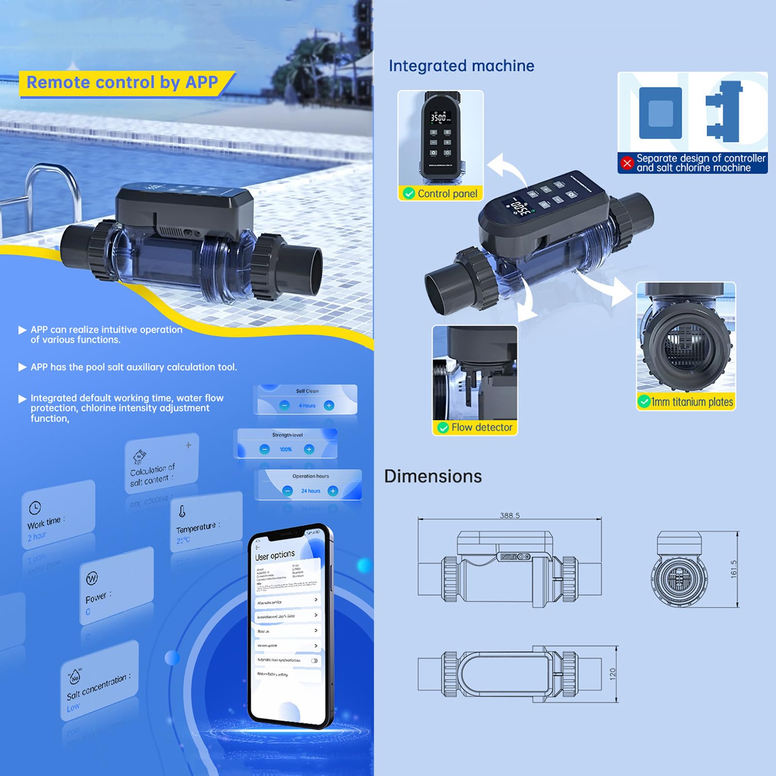 Generador de cloro salado para piscinas, sistema de cloración de agua salada con Wi-Fi y control de aplicación, panel digital inteligente, clorador de 25 g/h para agua limpia
