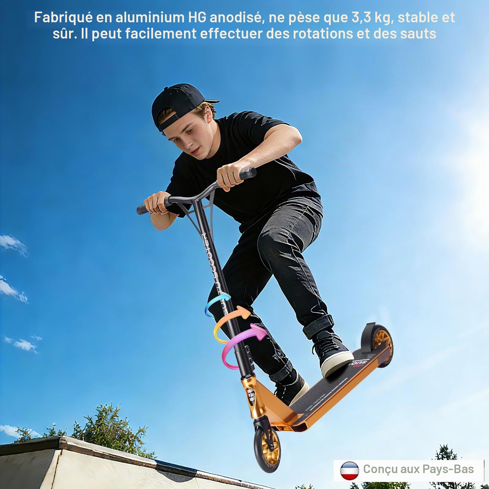 Trottinette Freestyle, Direction à 360°, Stunt Scooter avec Roues en PU 85A 110 mm, Trotinette pour Enfants Adolescent Adultes, Capacité de Charge: 100 kg, Aluminium (Noir – Or)