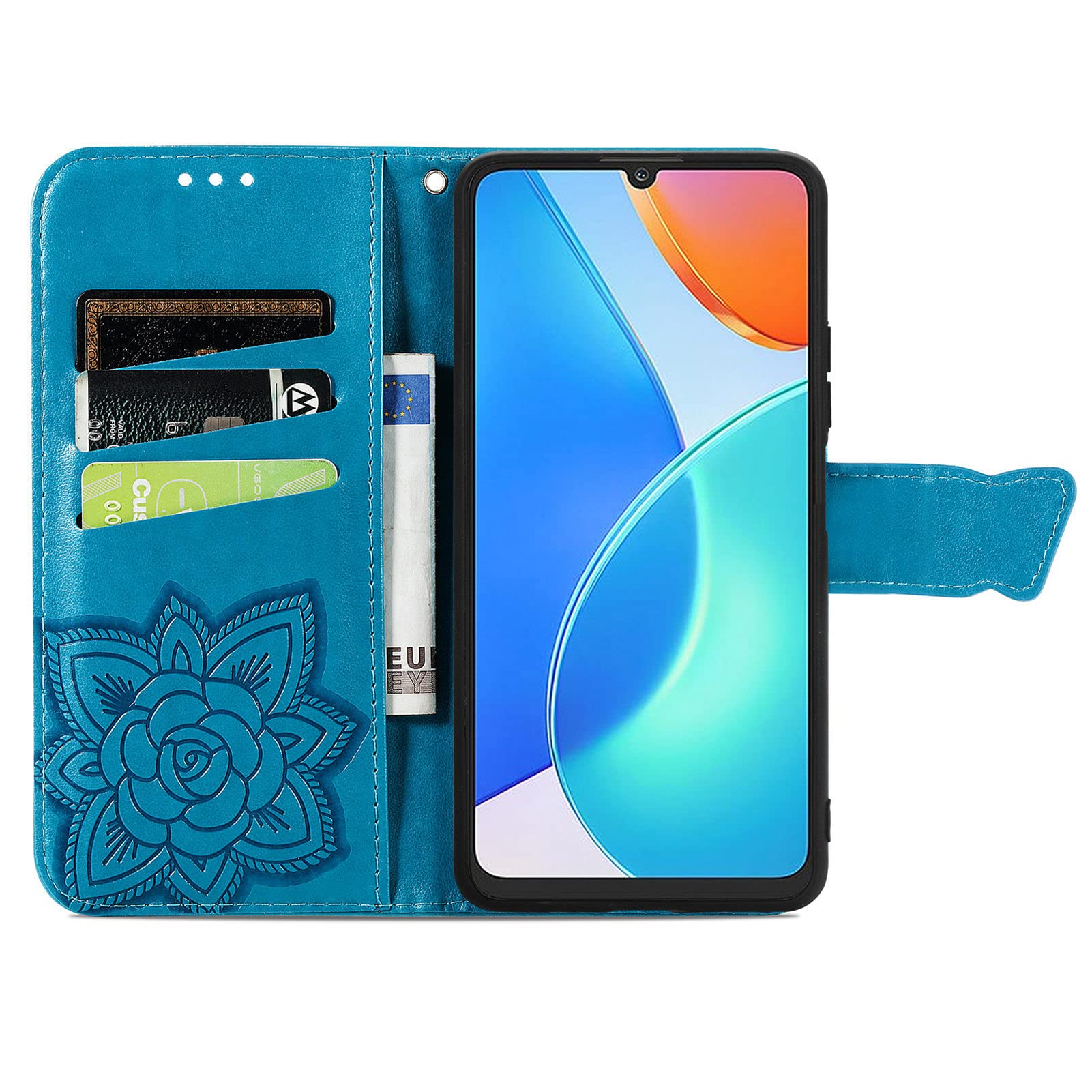 Cover Honor X7b 5G Portafoglio Pelle Blu Supporto Carte Business