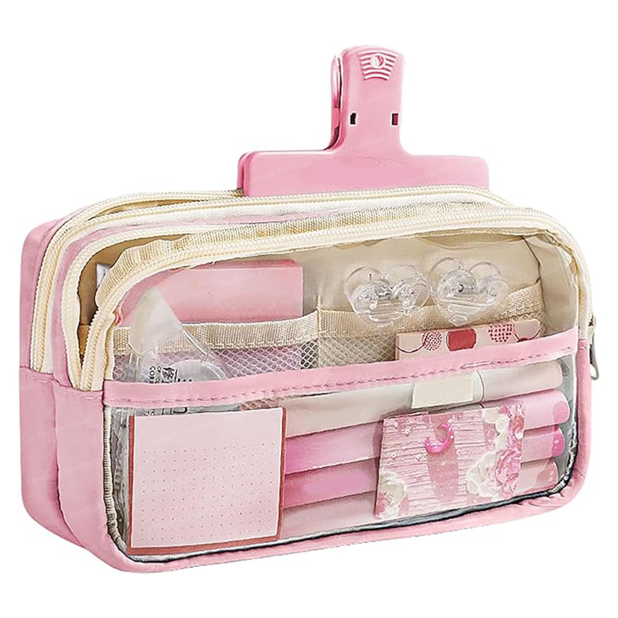 FunBlast Large Capacity Pencil Pouch, Multiple Compartment Double Zipper Pencil Pouch, Aesthetic Pouch, Cute Stationery Bag for Students Girls Adults Office (Pink)-image-48