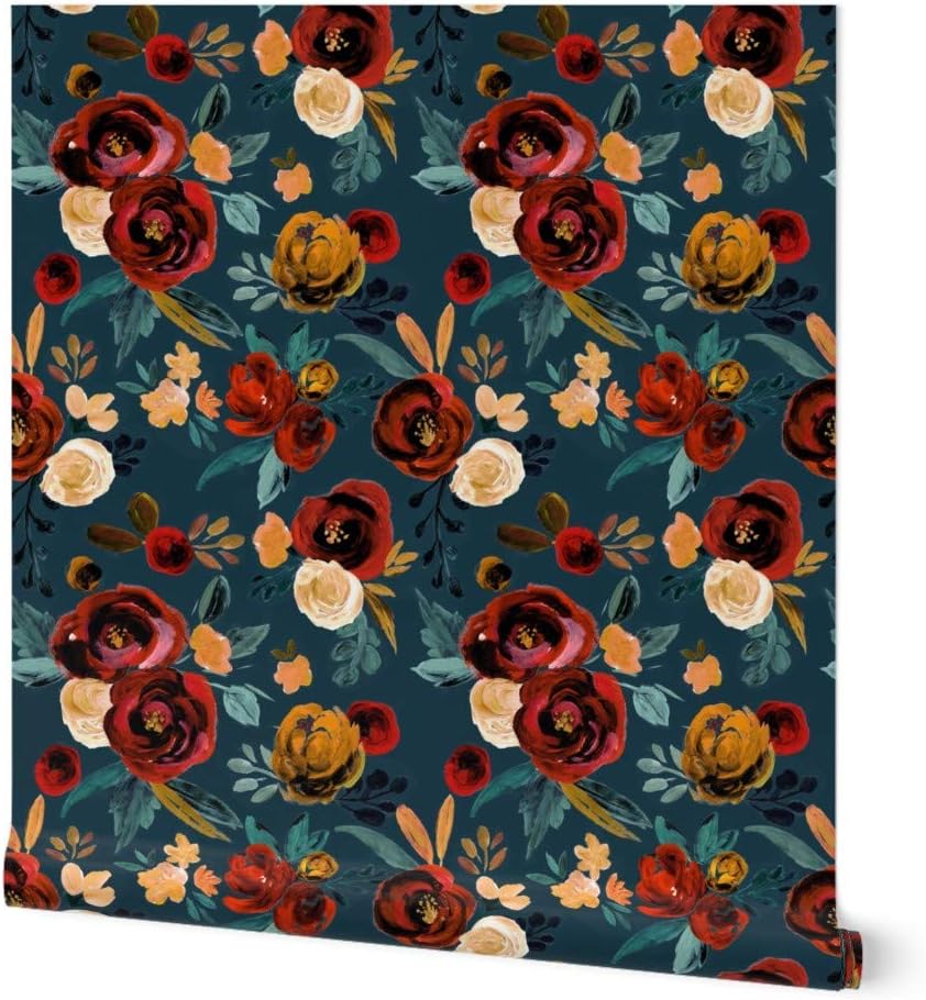 Peel & Stick Wallpaper 3ft x 2ft - Red Rose River Teal Blue Fall Autumn Floral Flowers Gold Custom Removable Wallpaper by Spoonflower