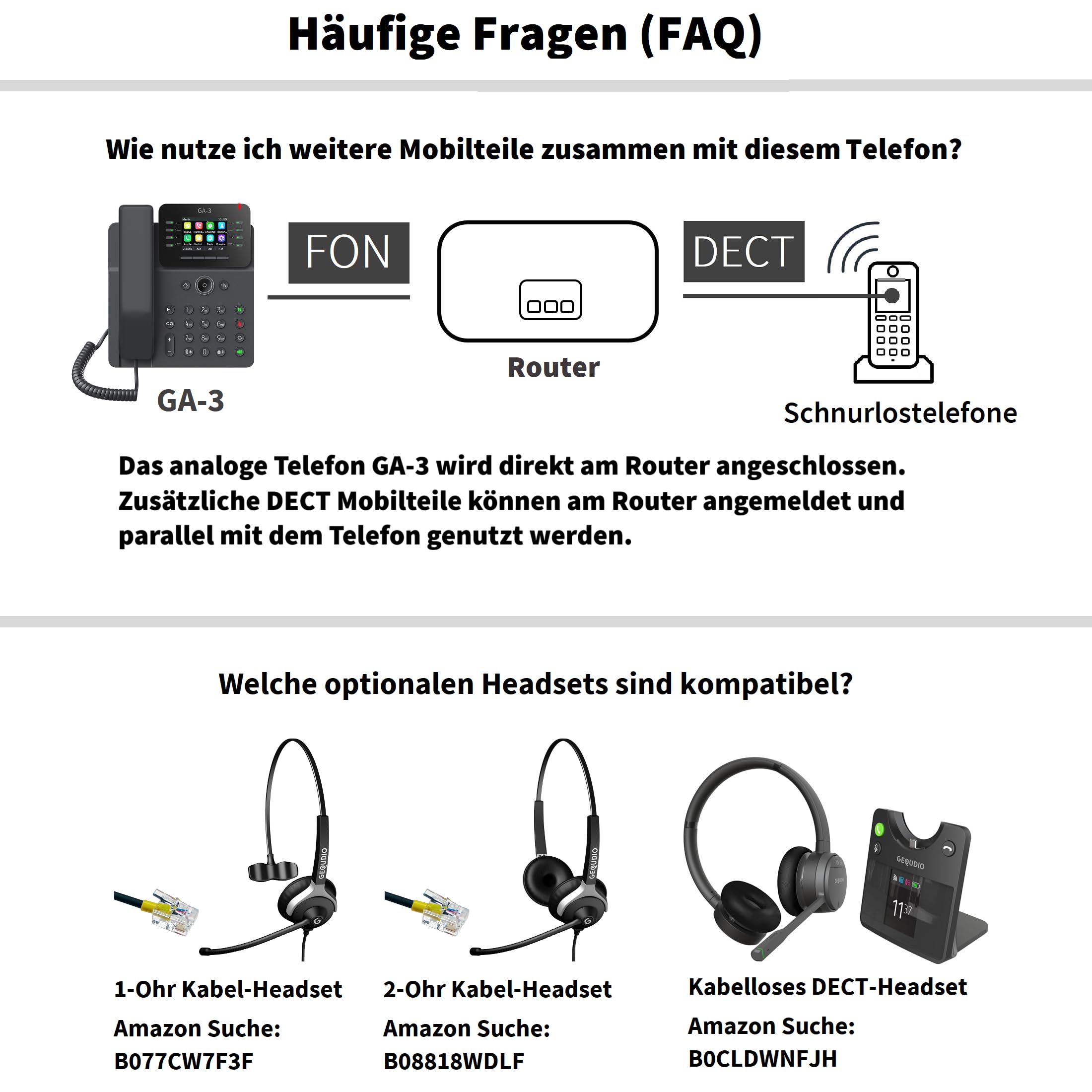 GEQUDIO GA-3 Festnetztelefon Schnurgebunden Anrufbeantworter Farbdisplay Tischtelefon für alle Anschlüsse FritzBox Speedport TAE Hybrid IP Deutsche Anleitung USB EU-Version