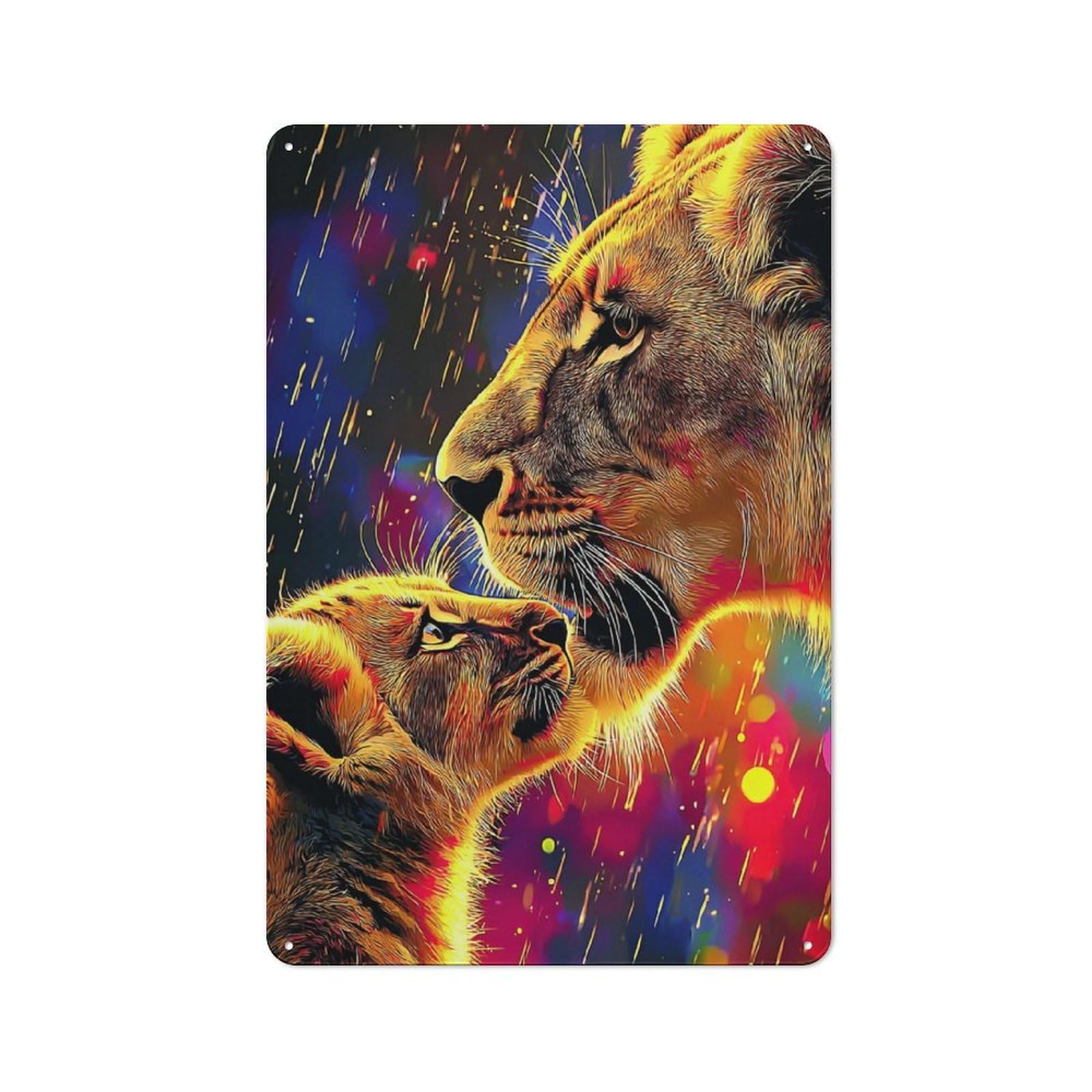 Junmoney Golden Lioness And Cub In Vibrant Light Rustic Metal Wall Decor 30X20cm, Decorative Tin Sign For Farmhouse Kitchen, Pantry Or Dining Area