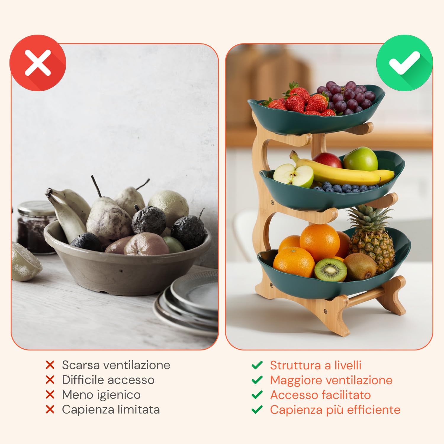 Avilia Portafrutta 3 Livelli in Bambù – Porta Frutta da Tavolo con 3 Cestelli, Fruttiera Multilivello Salvaspazio, Organizer Cucina per Frutta Snack e Pane, Centrotavola Moderno
