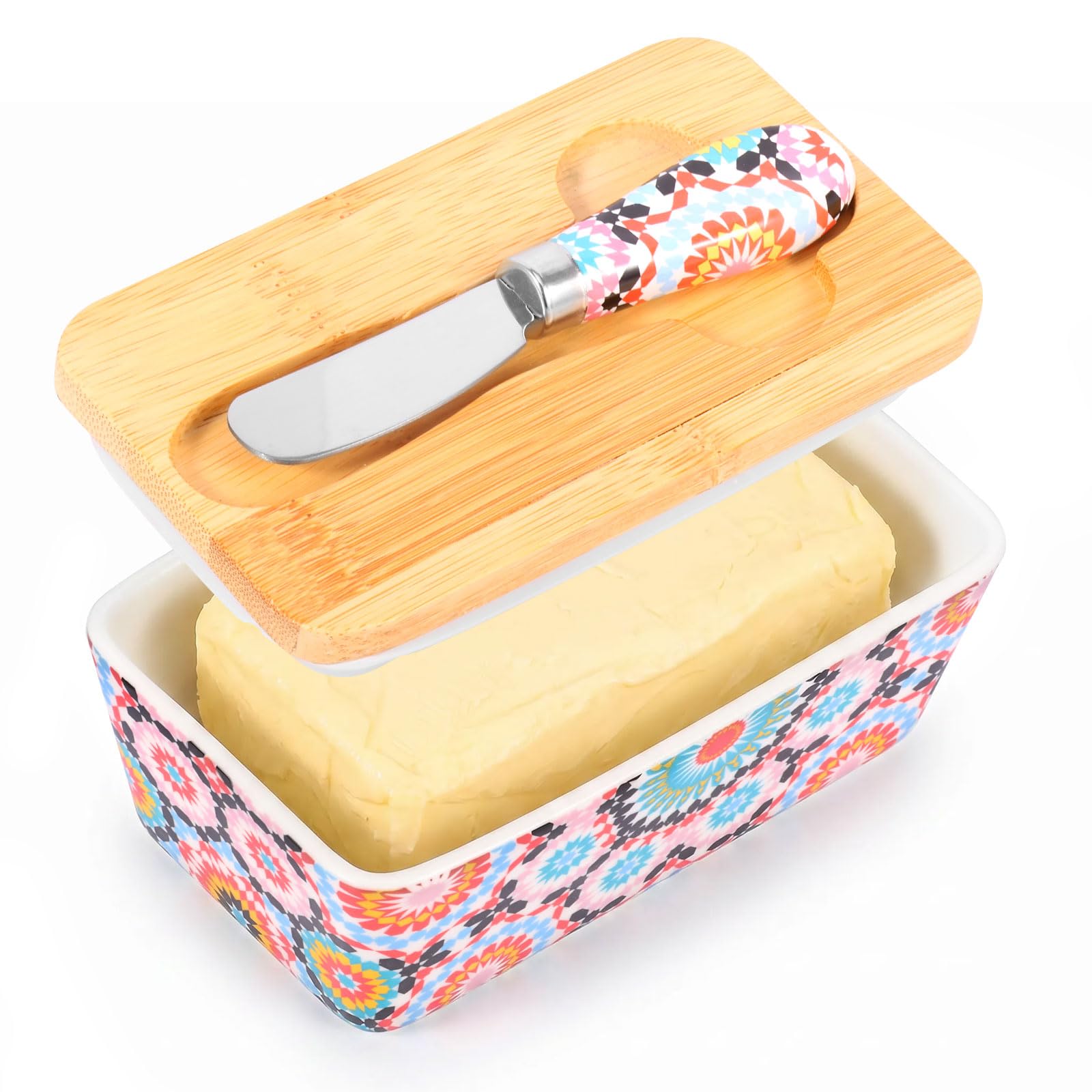 Ceramic Butter Dish with Bamboo Lid & Knife , 350ML Large Capacity Butter Dish for Countertop, Delicate Floral Pattern Butters Keeper Fits Most Butters Sizes(Style B)