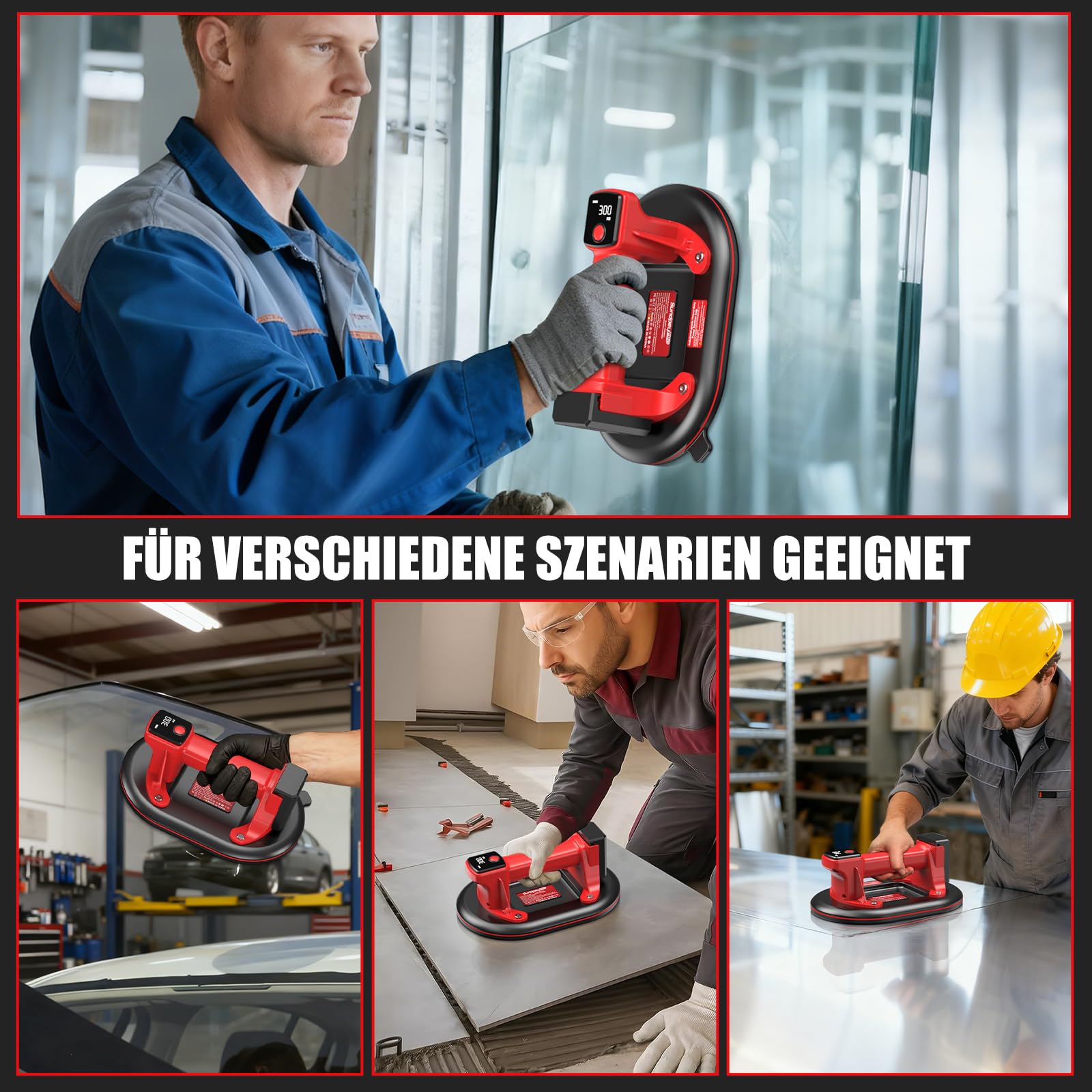 Elektrische Fliesen Saugheber, 10" Elektrische Vakuum Saugheber, 300KG Tragkraft, Akku Glassauger mit 2 x 3,0Ah-Akkus, LadegeräTen, Digitalanzeige, für Glas Fliesen Granit Scheiben Metall
