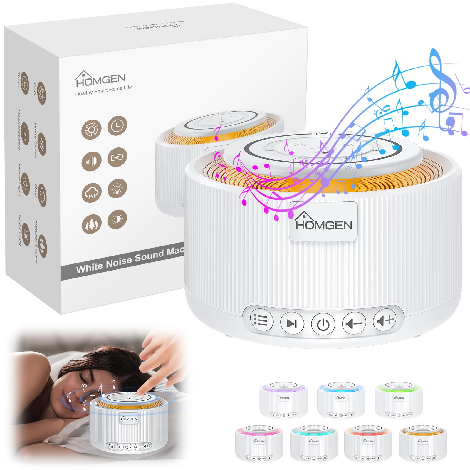 HOMGEN White Noise Machine Weißes Rauschen Maschine Einschlafhilfe Baby Erwachsene 30 Klänge & 30 Stufen Lautstärke Timer Speicher Touchpanel mit 3,5 mm Audiobuchse Schlafen Entspannen