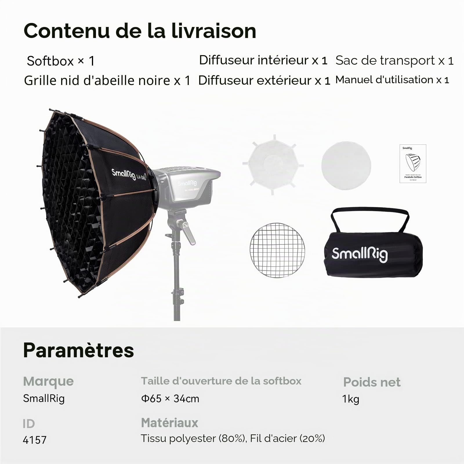 SMALLRIG Parabolic Softbox (LA-D65), Boîte Souple à Dégagement Rapide de 65 cm pour Lampes COB à Monture Bowens - 4157