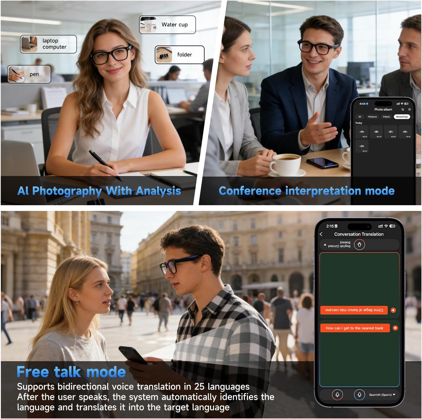 AI Smart Glasses, 32GB,8MP/1080P HD Video & Audio Recording Camera, Real-Time Voice Translation, AI Voice Assistant,Bluetooth Connectivity, Photochromic Sunglass Lenses for Men & Women