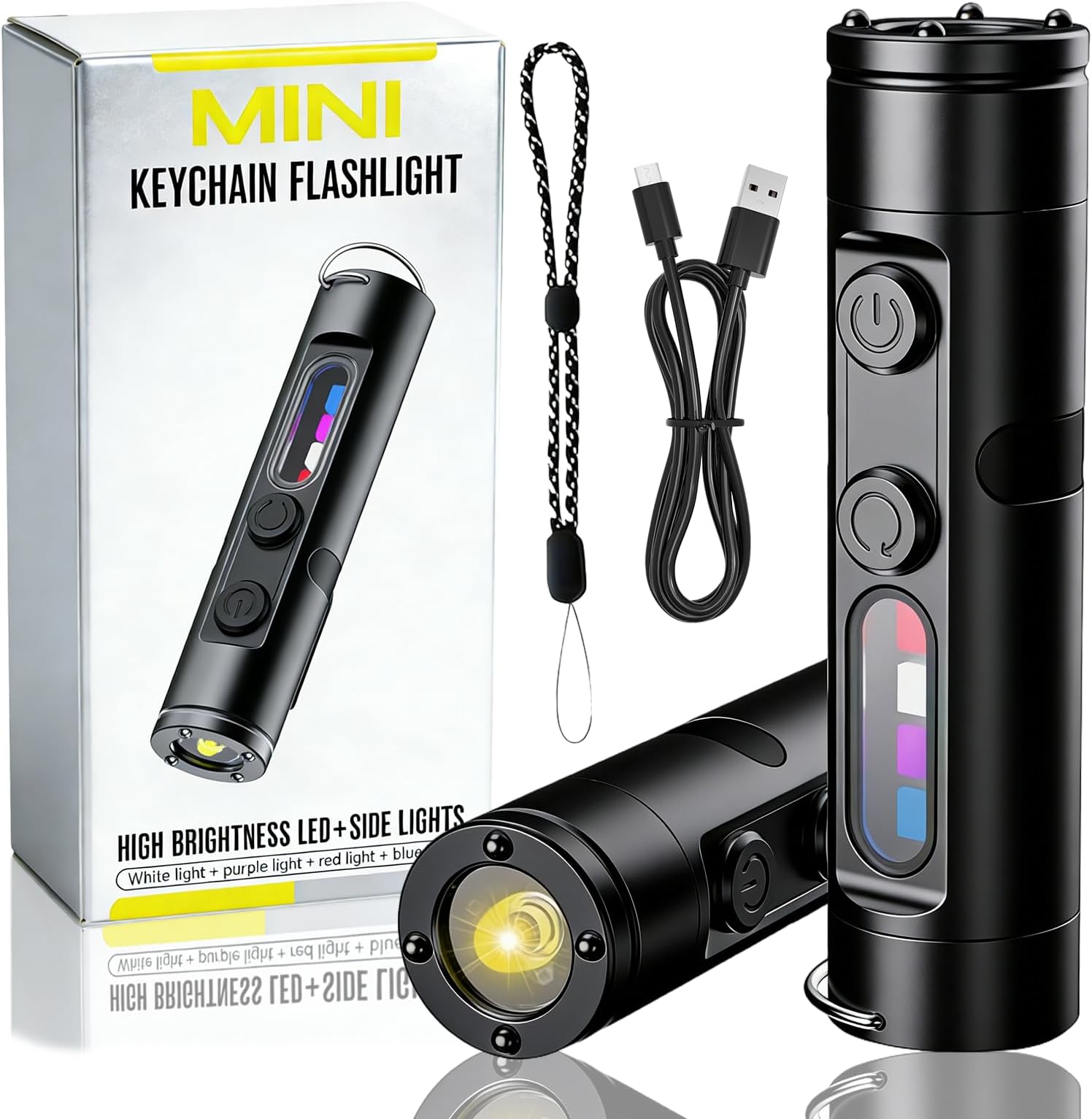 Pocket Rechargeable EDC Flashlight, 500 High Lumens Mini Keychain Light with Fire Starter & Window Breaker, 9 Lighting Modes, Compact LED Light for Camping, Hiking, Emergency (Black,Standard type)
