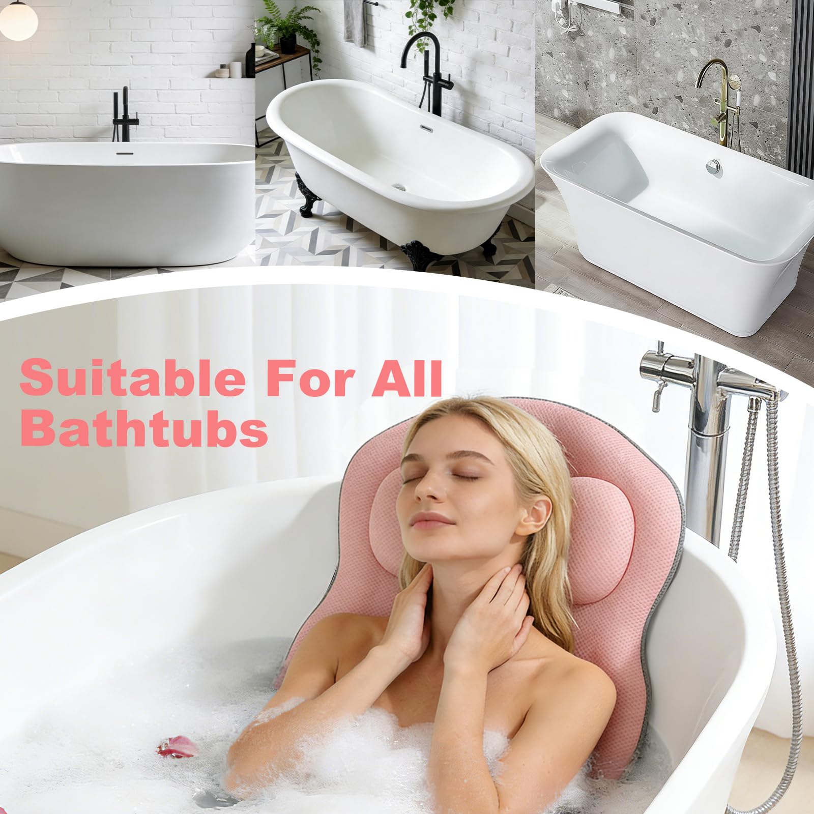 Cuscino intero per vasca da bagno, tappetino da bagno ispessito con poggiatesta supporta collo, schiena e gambe, cuscino per vasca da bagno con ventose e ganci sospesi (rosa)