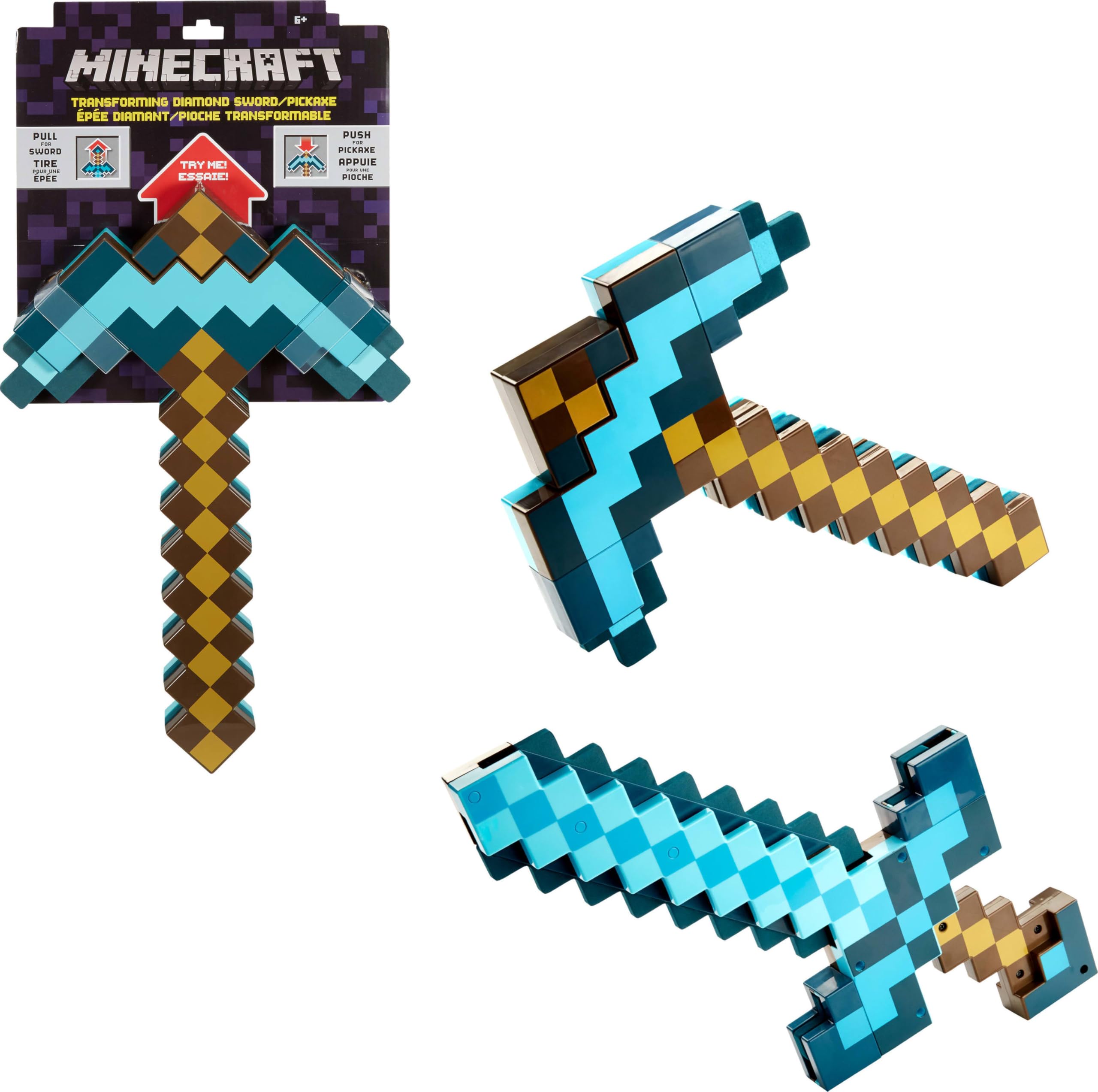 Mattel Minecraft Transforming Diamond Sword & Pick-Axe Kid-Sized 2-in-1 Toy Accessory for Role-Play & Costumes
