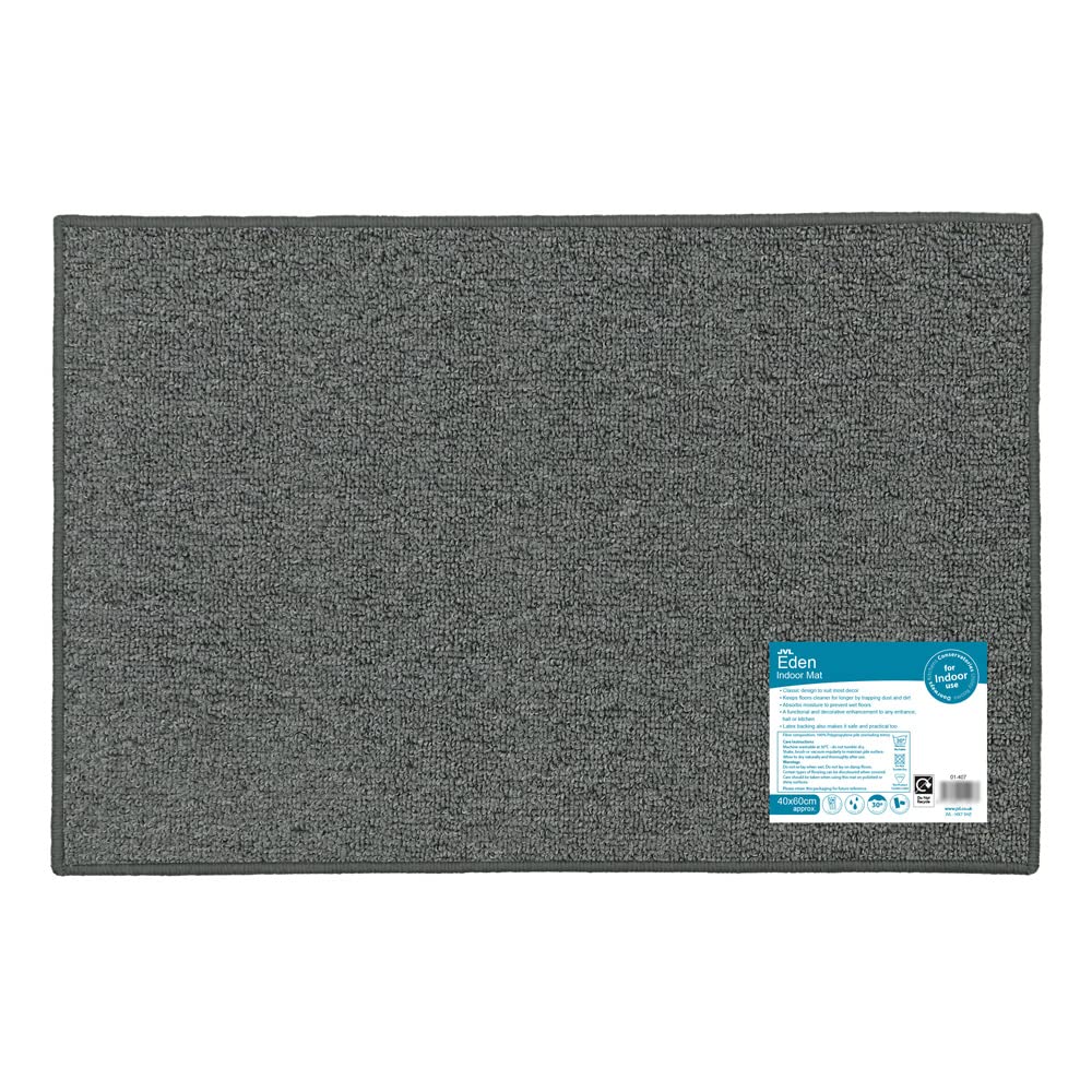 JVL Eden Machine Washable Latex Backed Doormat, 40x60cm, Grey
