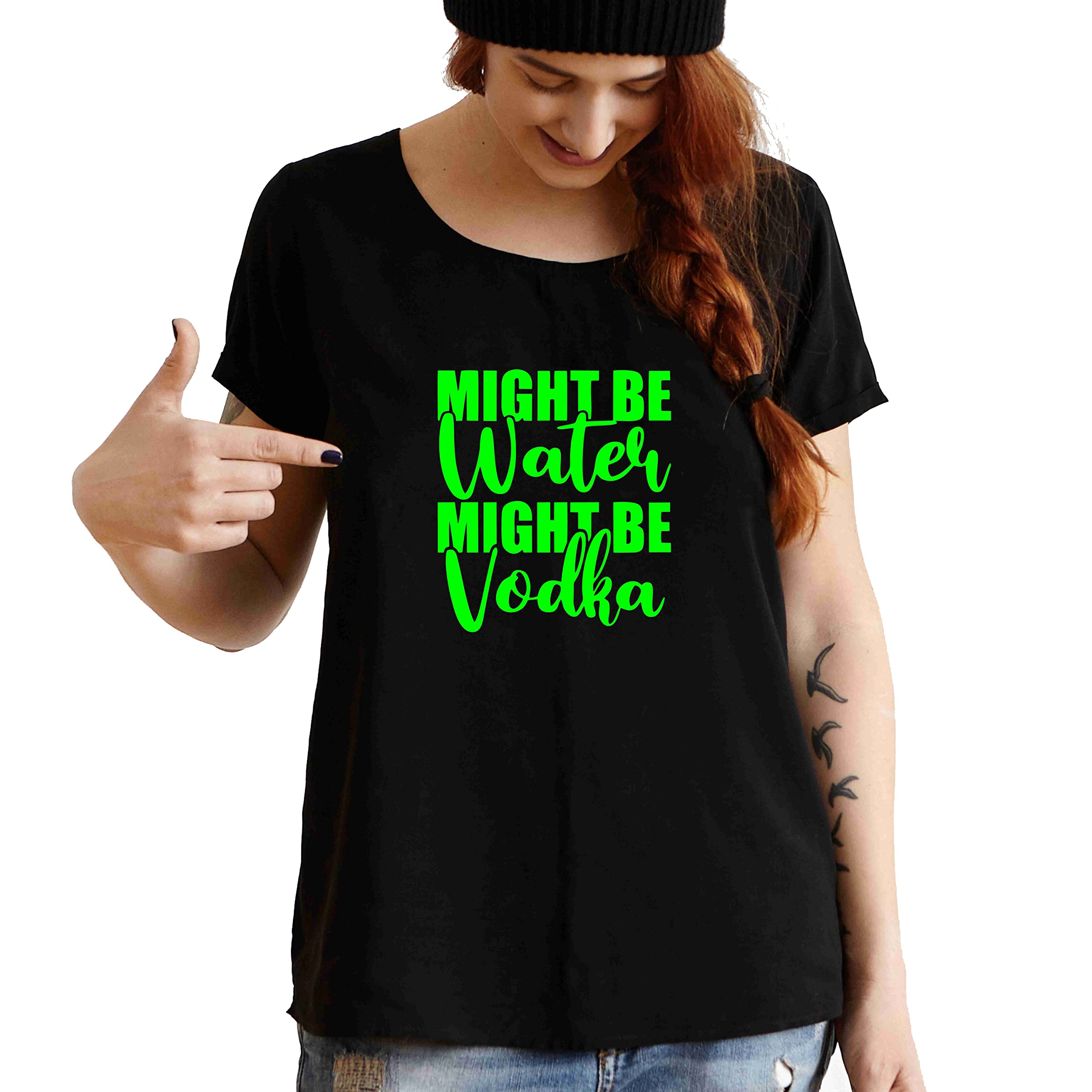 eweftNight Glow Printed Half Sleeve Round Neck Black Cotton T-Shirt for Women's/Girls
