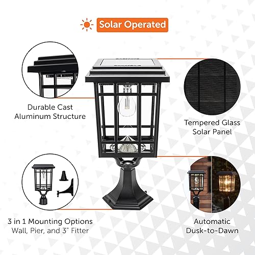 Miniatura 4 de Gama Sonic Lámpara de luz solar para exteriores, 15.75 pulgadas de altura, se monta en poste, muelle o pared; lámpara solar de aluminio y vidrio,