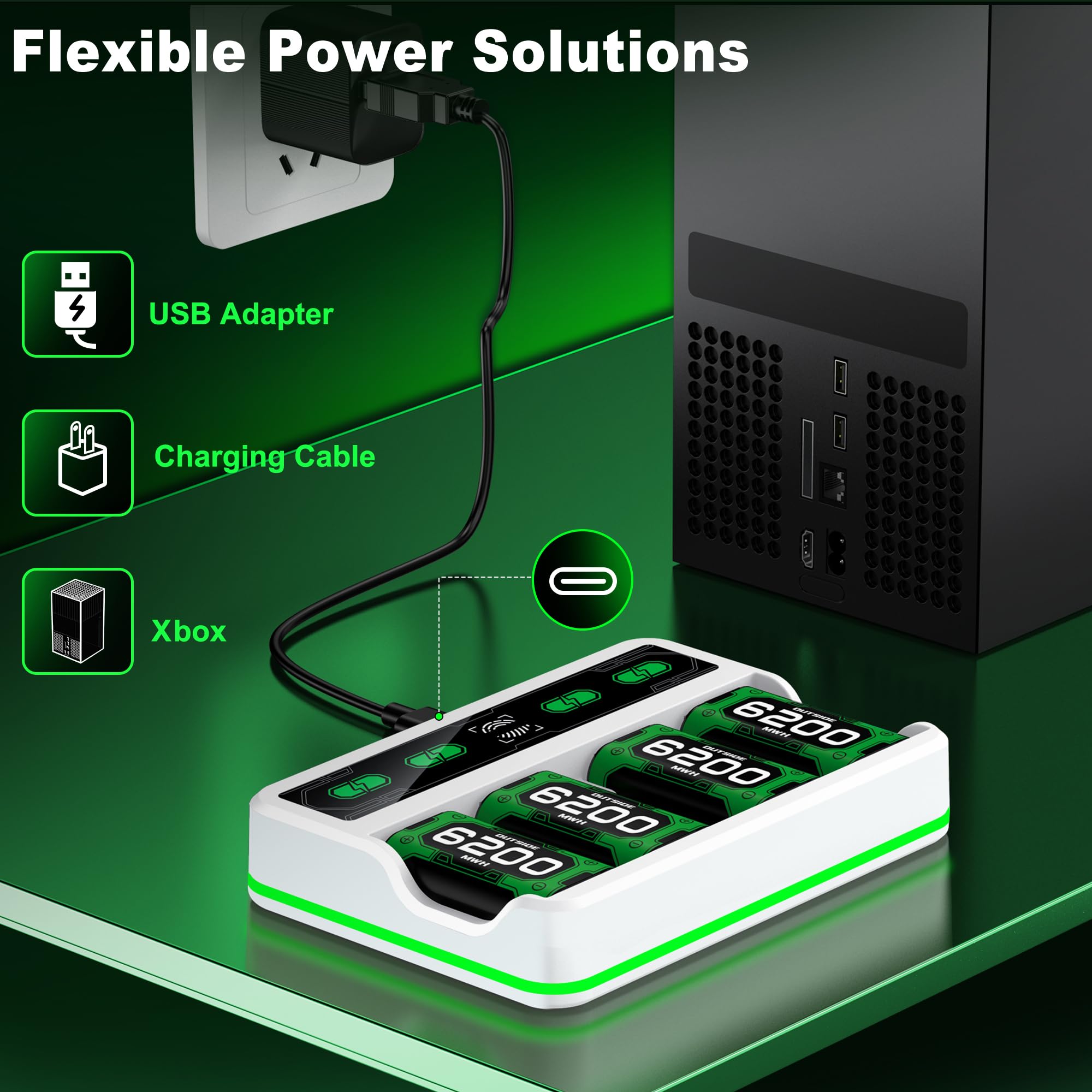 Batteria per controller Xbox One/Series X&S 4 batterie Xbox da 6200 mWh compatibili con Xbox One/Xbox Series X|S/Elite Controller, accessori per batteria Xbox con cavo di ricarica da 1 metro, ricarica