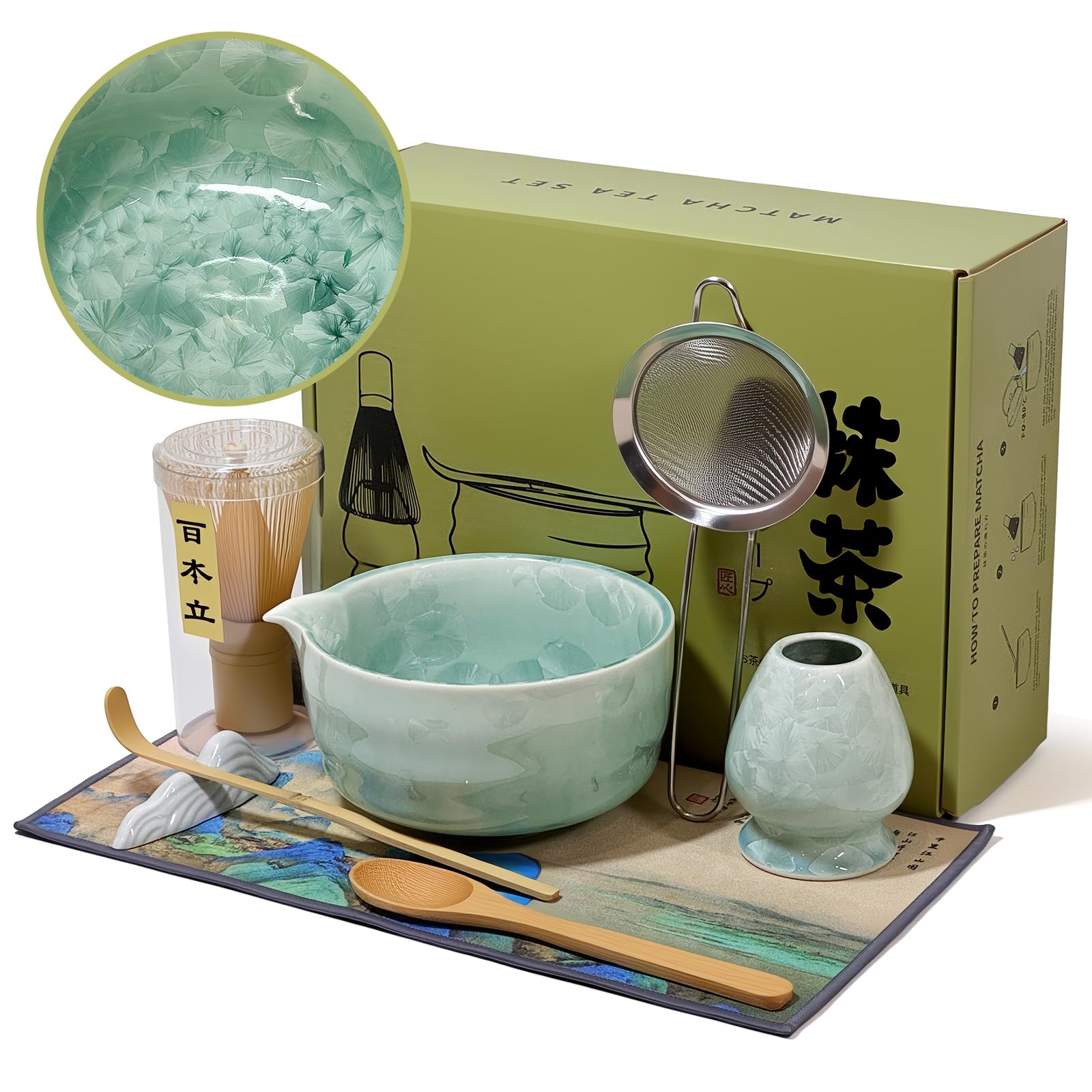 Ensemble de fouet à matcha avec bol en céramique – Fouet en bambou (Chasen), cuillère, tamis et support – Kit complet pour thé matcha traditionnel – Cadeaux uniques pour femmes, hommes, amateurs de