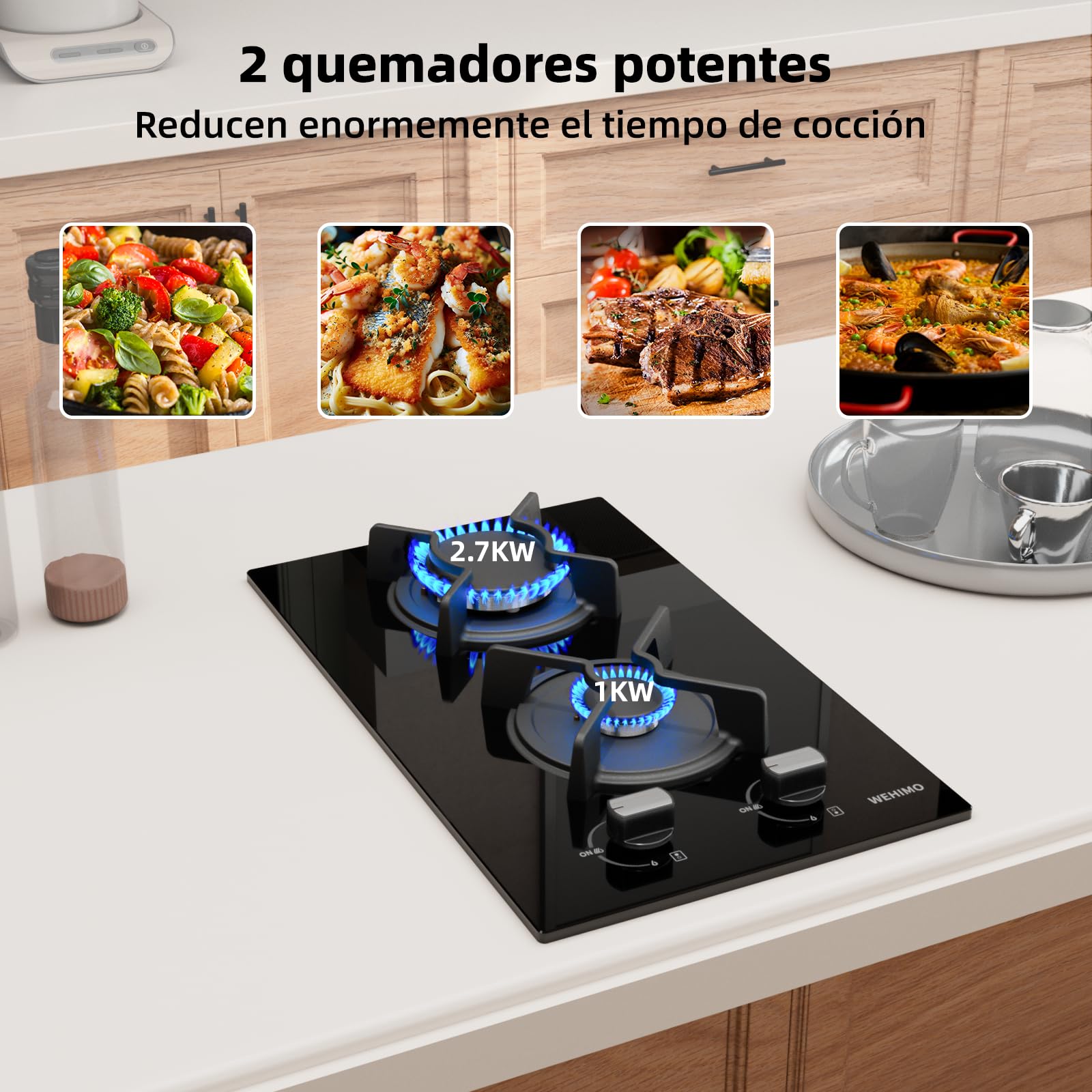 WEHIMO - Placa de cocina de gas de 2 fuegos, 2 fuegos empotrable, rejilla hierro fundido, 3700 W, gas ciudad y botella, cristal negro