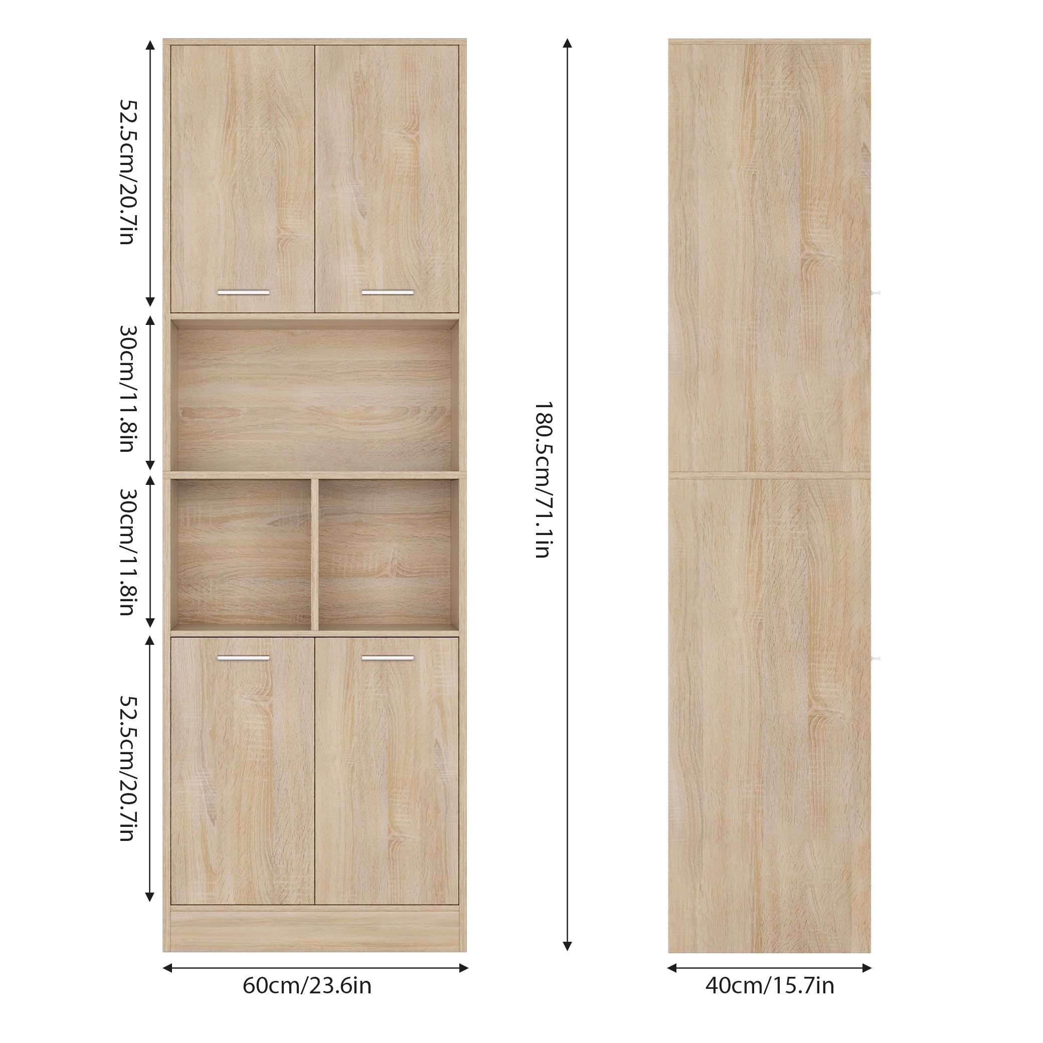 FirFurd hoge Badkamerkast Badkast Hoge kast voor badkamer werkkamer Multifunctionele kast Keukenkast met 4 deuren en badplank Hout 180,5 x 60 x 40 cm Boekenkast zwart