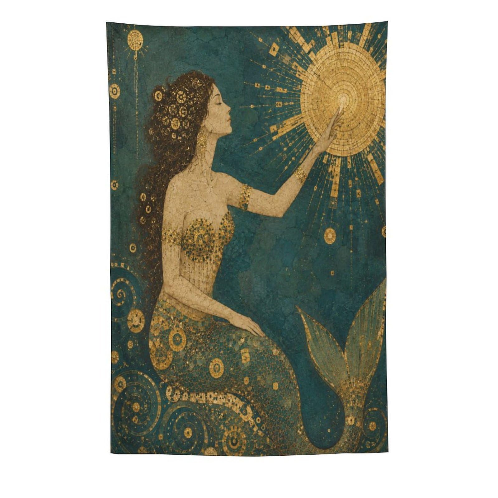 W7C8U2X3 Mermaid Holding Sun Wall Tapestry, Art Nouveau Style, Dorm Room