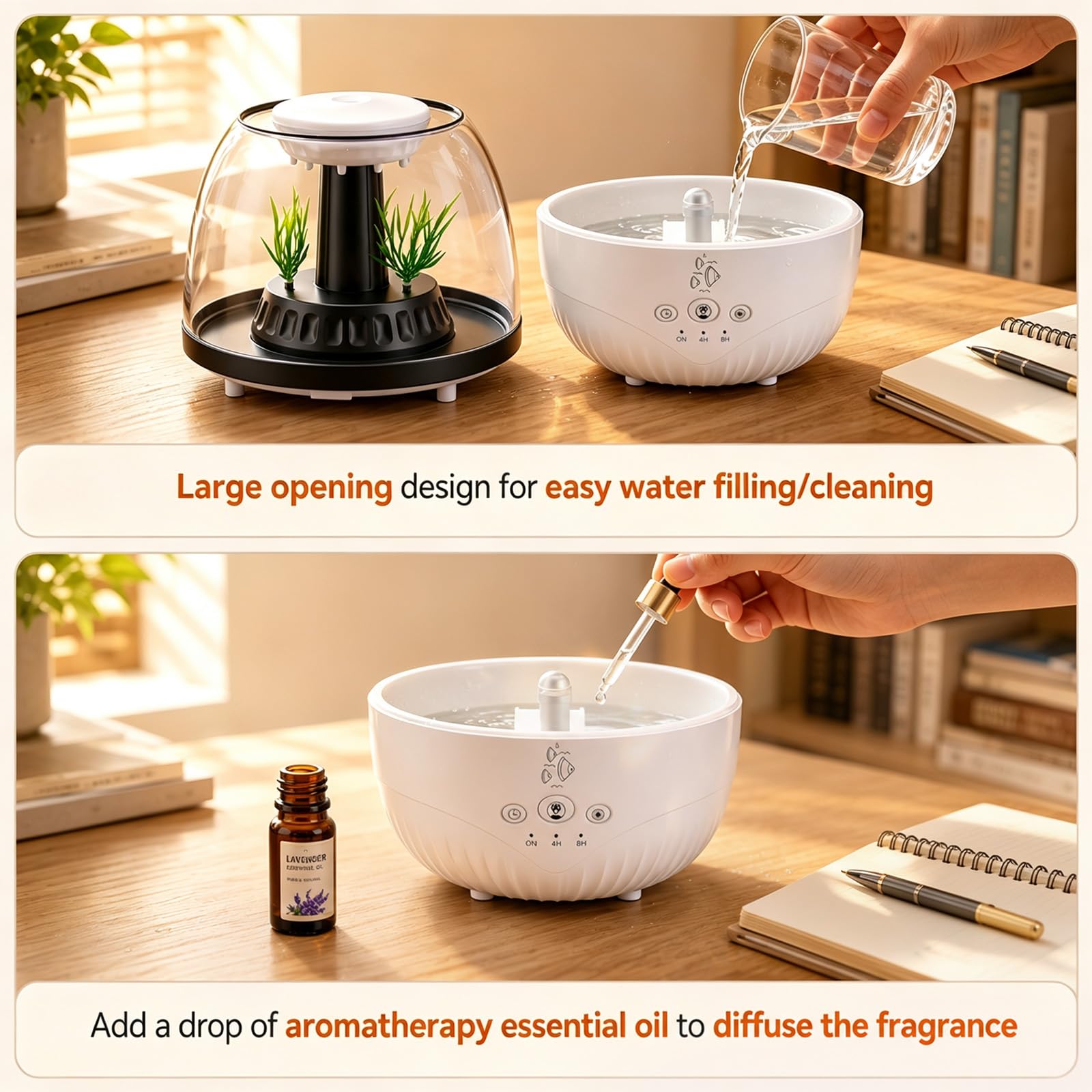Humidificateur 3 en 1 en forme de gouttes de pluie, 350 ml, diffuseur d'aromathérapie avec micro paysages, LED 7 couleurs, 2 réglages de minuterie, diffuseur d'arômes pour huiles essentielles pour la