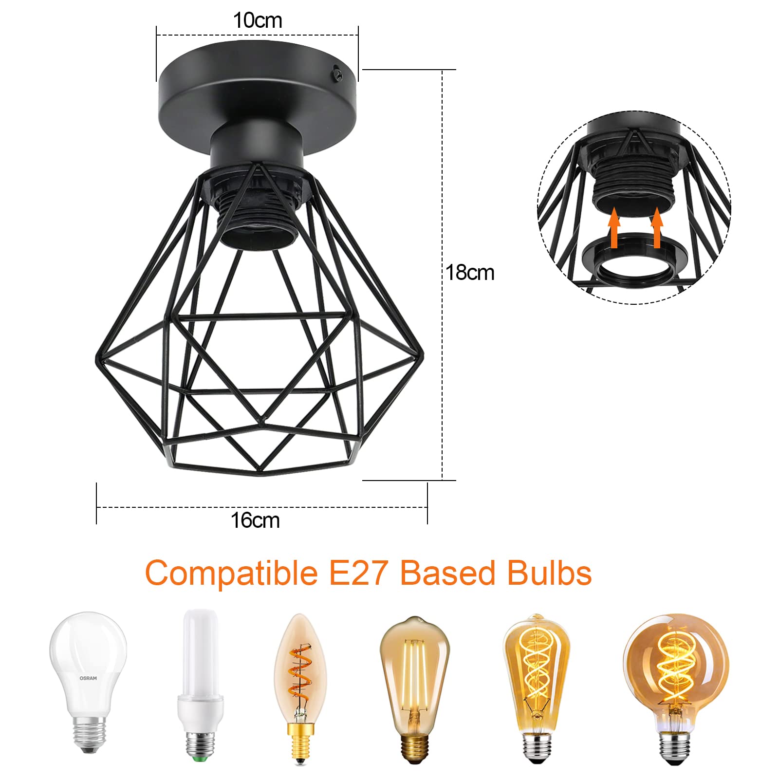 Lámparas de Techo Lámparas Colgante Vintage, Industrial Metal Iluminación de Techo E27 en Estilo Jaula Geométrica Para Sala de Estar, Cocina, Dormitorio, Pasillo, Patio, Ø 16cm, Negro, 1 Luz