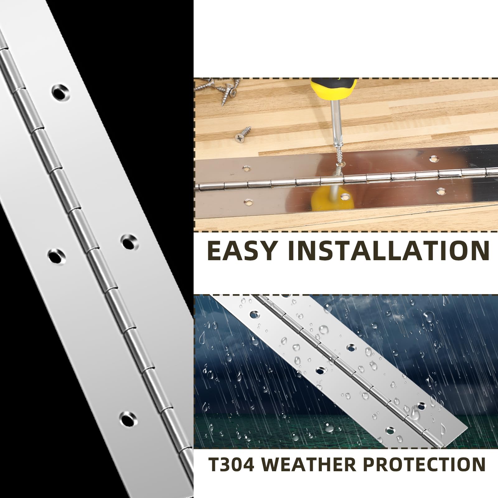 48" X 3" Heavy Duty Stainless Steel Piano Hinge – Continuous Hinge For Cabinet, Door, DIY Wood Boxes, 0.047" Leaf Thickness, Screws Included