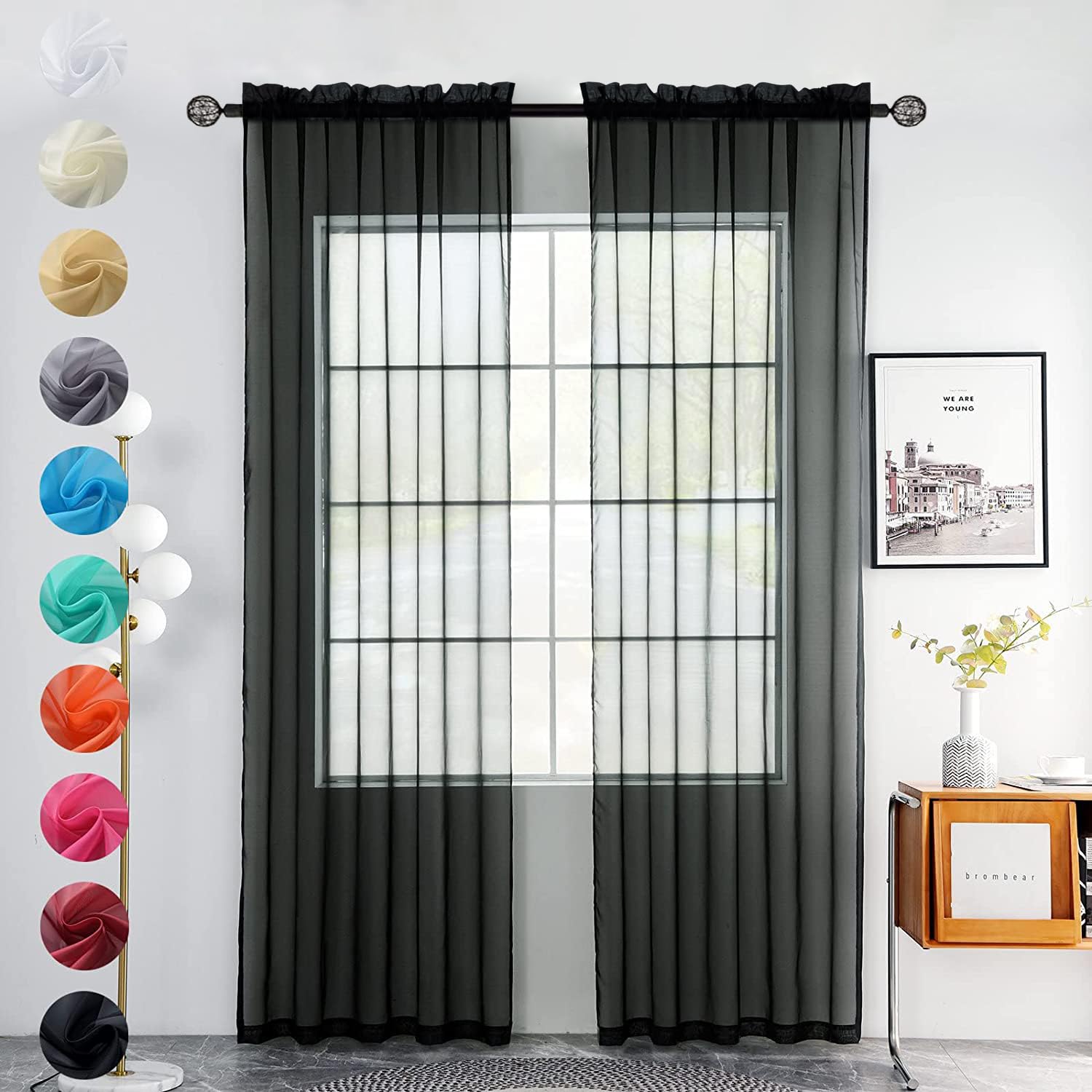 youleyar Solid Sheer Rod Pocket Curtain Voile Draperies 2 Panels White Beige Black Grey Coffee 38 Inch Width 84 Inch Long 1 Pair for Kitchen Bedroom