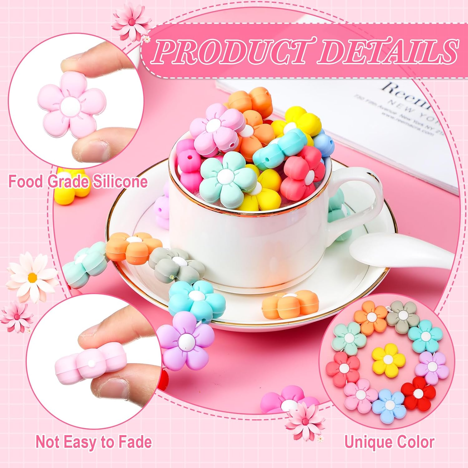XunYee 44 Pcs Colorful Flower Silicone Beads Cute Flower Flat Spacer Beads for Jewelry Making Bulk Adults DIY Bracelets Necklaces Earrings Anklets Keychains Crafts Supplies