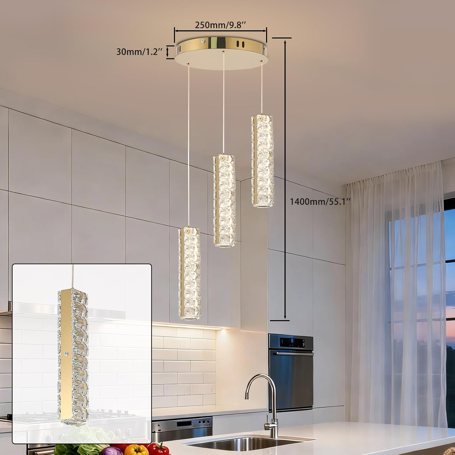 3 Light Crystal Chandelier, Remote Dimmable LED Pendant Light, 3000K-6000K, 20W, 85-265V, Ø250mm Ceiling Plate, Modern Raindrop Light for Dining Room Kitchen Island Hallway