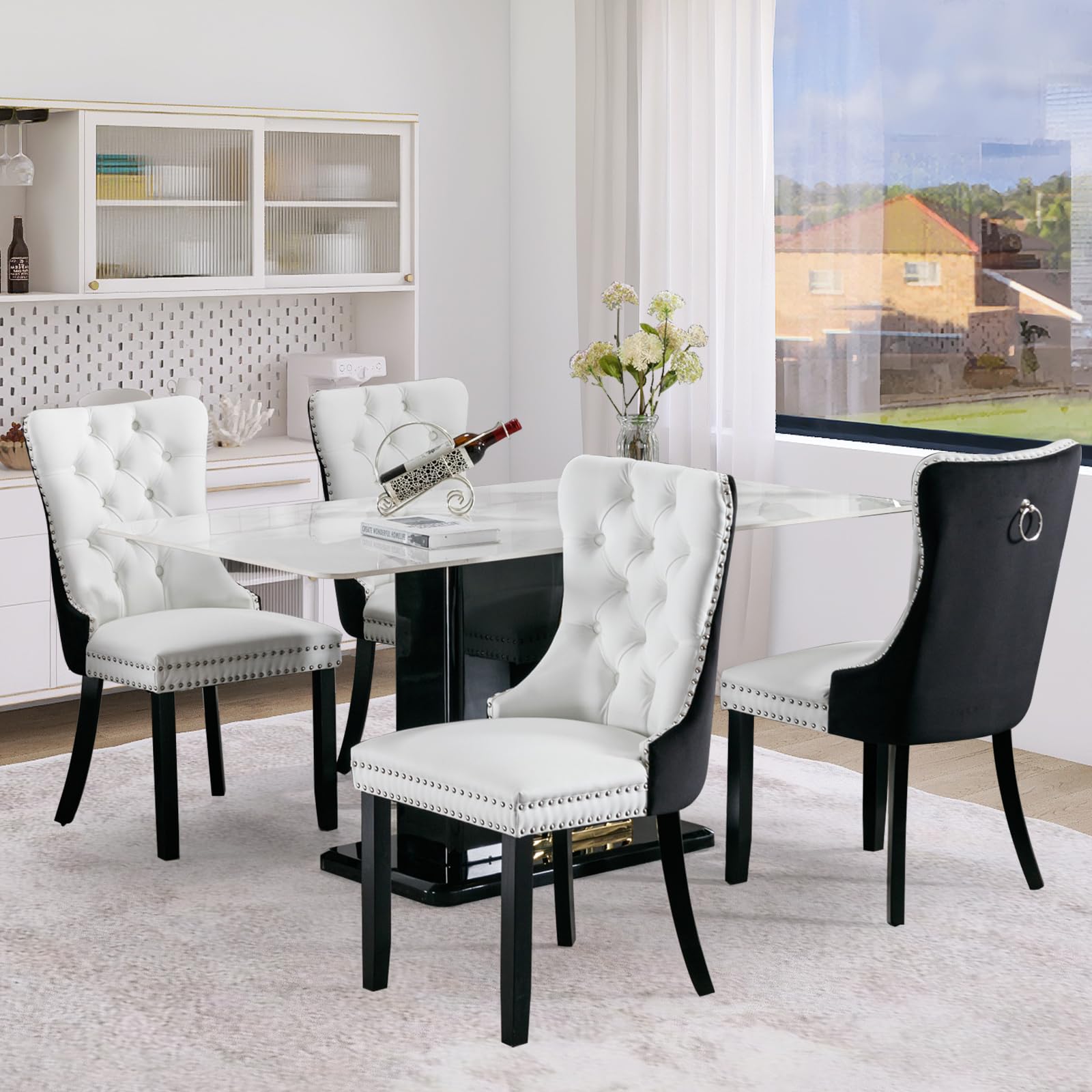 JETEAGO Leather Dining Chairs Set of 4, Tall Back Side Chair, Modern Upholstered Side Chair with Button Back Ring, Solid Wood Legs (Black&White)