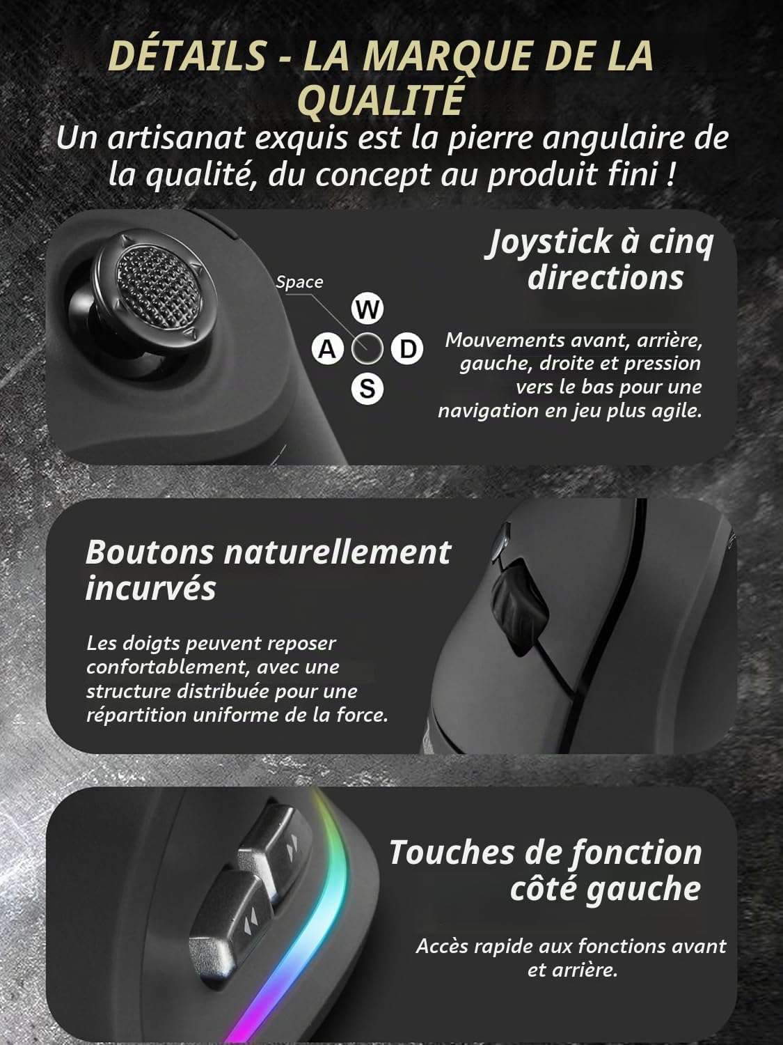 Souris Ergonomique Sans Fil Verticale Gaming, Souris Gamer Bluetooth 2.4G/USB 24000 DPI 6 Niveaux 12 Touches Programmables & Joystick 5 Directions, RGB, Rechargeable 800mAh, Compatible PC/Mac avec DPI