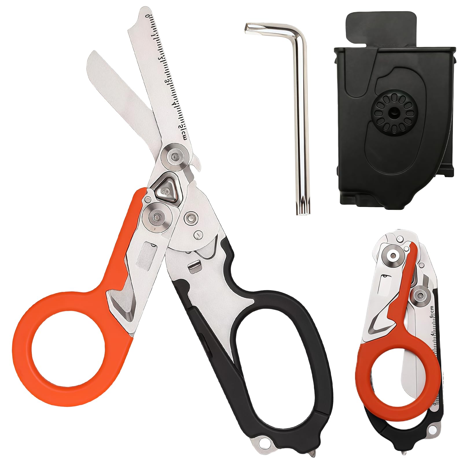 Forbici di salvataggio multifunzione con fodero K nero – forbici professionali 6 in 1 con chiave di regolazione (acciaio inossidabile 420HC, pieghevole) per servizi di soccorso, primo