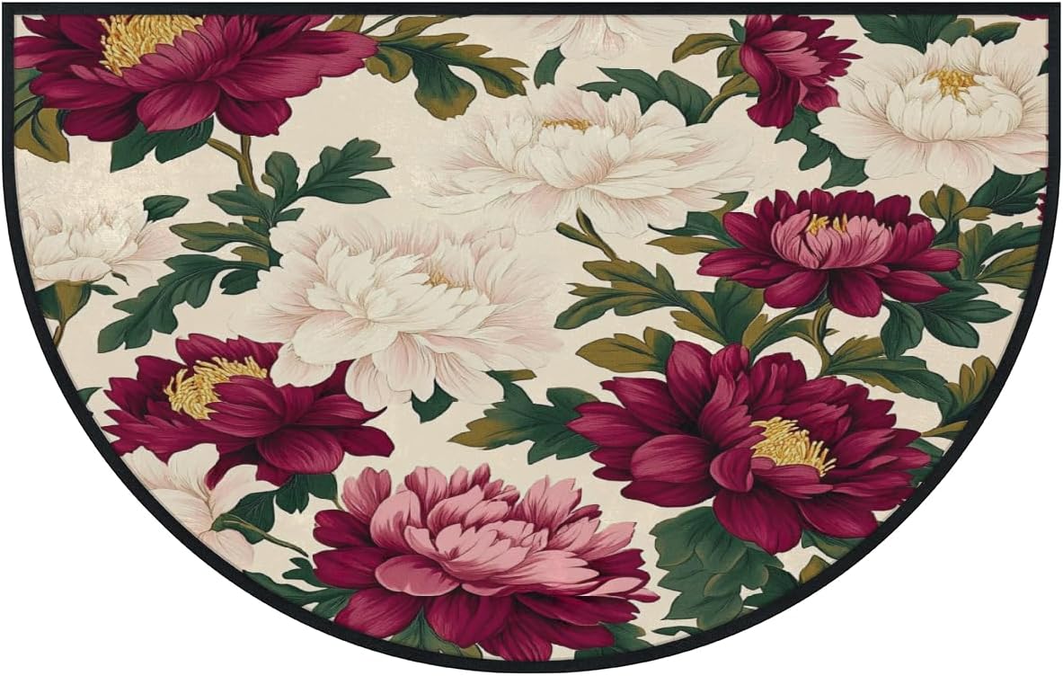 Maroon Flower Half Circle Door Mat, Non-Slip Indoor Carpet for Living Room Bedroom Cloakroom 63x39.4inch