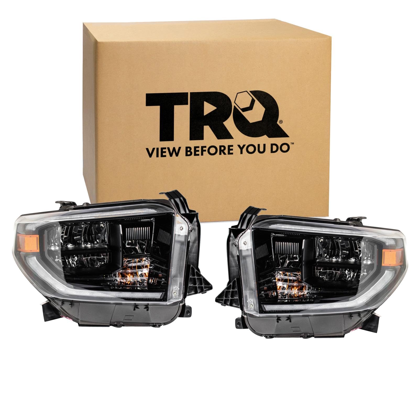 TRQ 2 Piece Headlight Assembly Set Smoked Chrome Accent Bezel Driver &amp; Passenger Side Compatible with Toyota Tundra 2019-2021 With LED Daytime Running Light TO2502281 TO2503281 811100C211 811500C211
