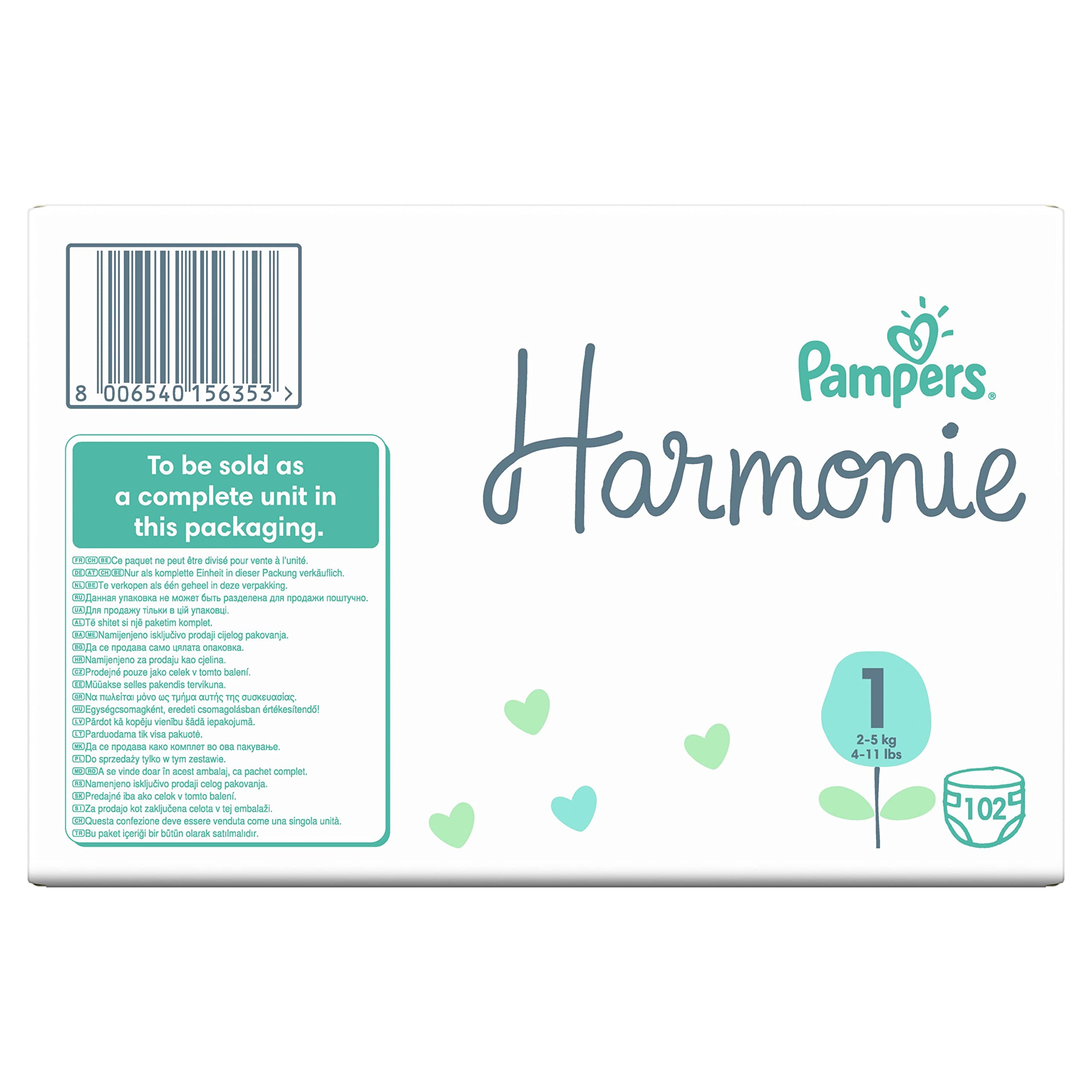 Pampers Couches Taille 1 (2-5 kg), Harmonie, 102 Couches Bébé, Pack 1 Mois, 0% de compromis, 100% d'absorption, Ingrédients d'origine végétale, Hypoallergéniques, L'emballage peut varier