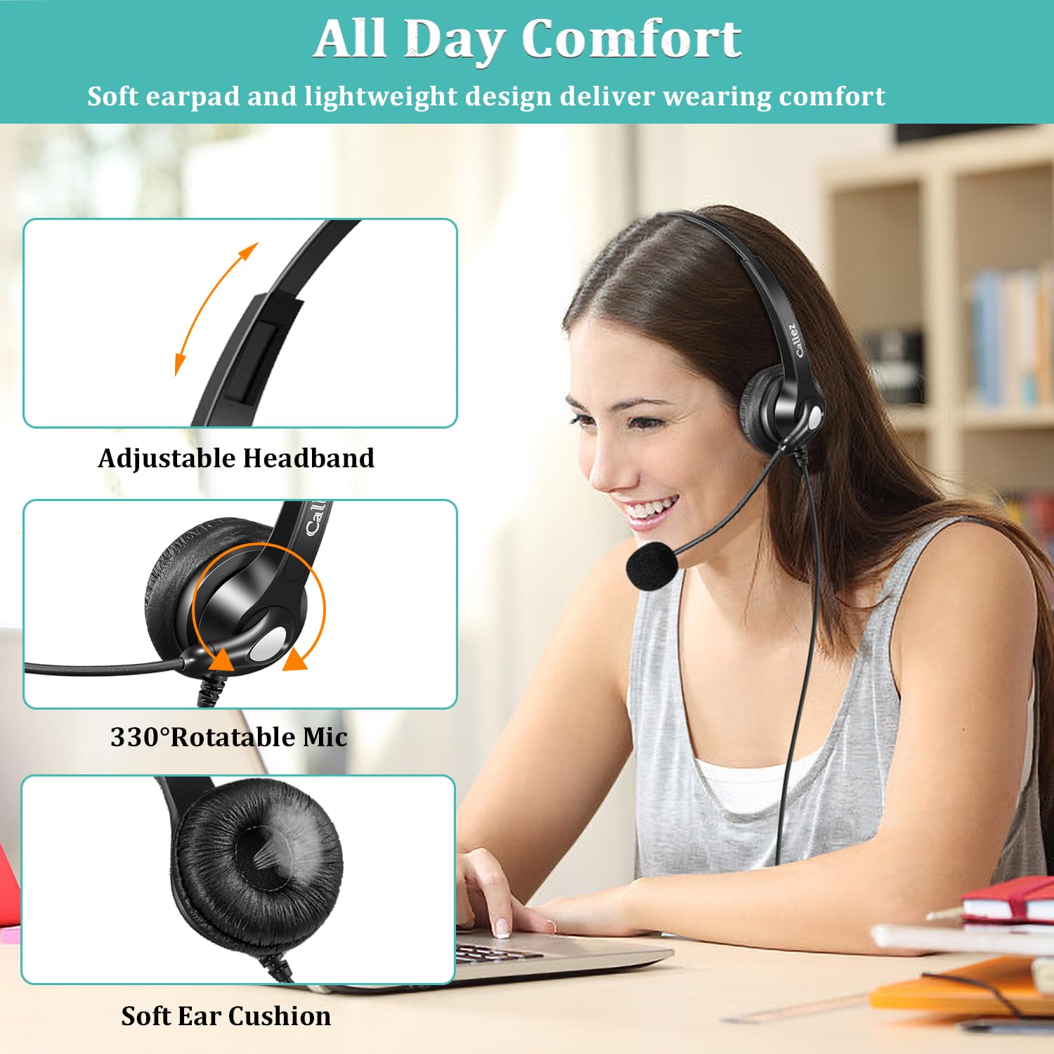 Callez Casque 3,5mm pour PC Téléphone Portable, Oreillette USB-C Filaire avec Micro Anti-Bruit pour iPhone Ordinateur Télétravail Visioconférence Zoom Centre d'Appels, Contrôle en Ligne, Chat Claire